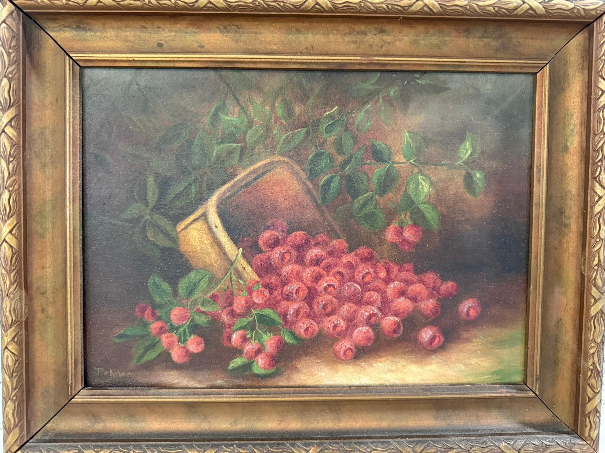 Pintura antigua Plétora de frambuesas maduras en cesta de fruta firmada Bohner - Painting de Unknown