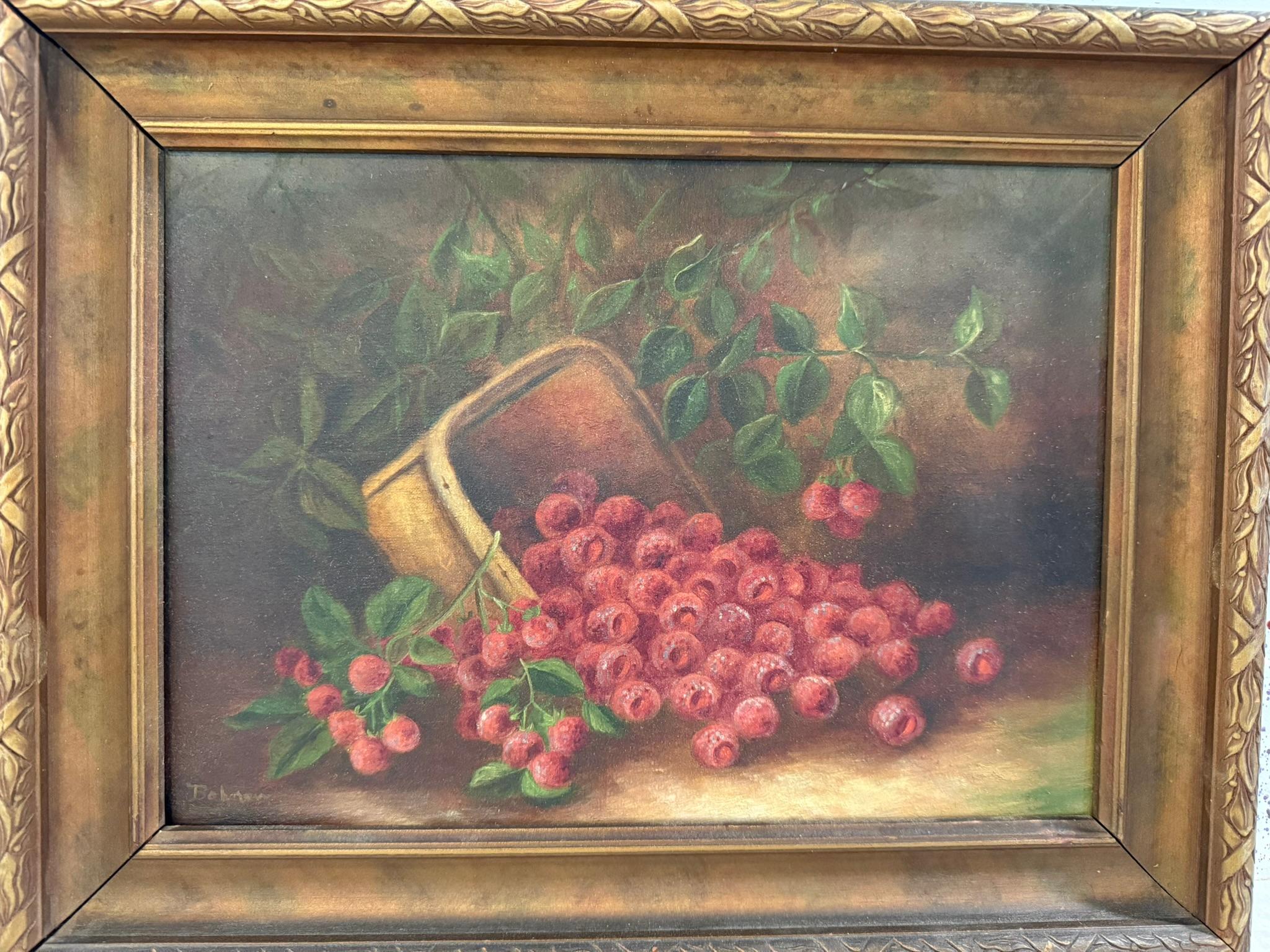 Pintura antigua Plétora de frambuesas maduras en cesta de fruta firmada Bohner - Painting Realista de Unknown