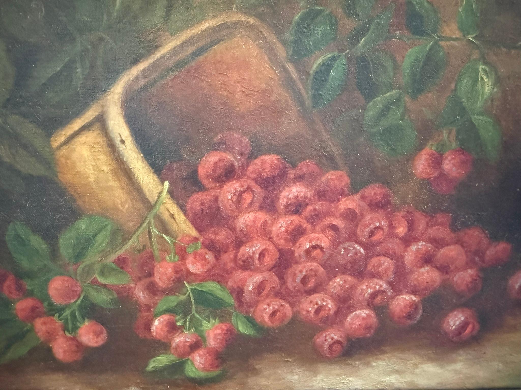 Pintura antigua Plétora de frambuesas maduras en cesta de fruta firmada Bohner - Still-Life Painting Marrón de Unknown
