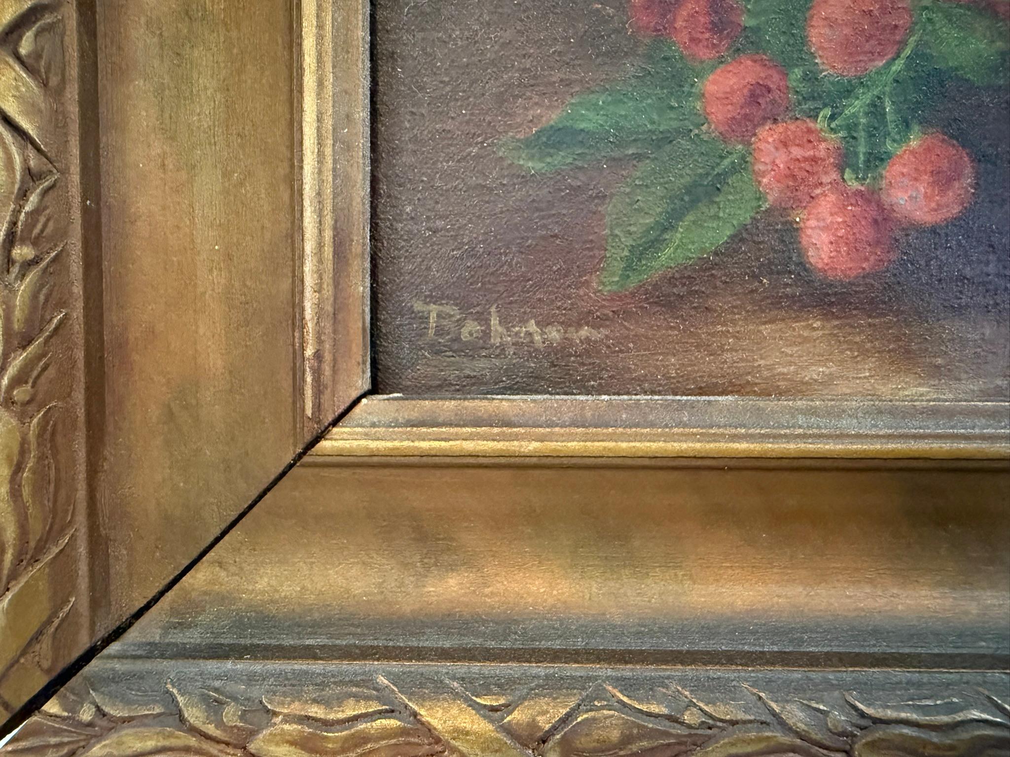 Pintura antigua Plétora de frambuesas maduras en cesta de fruta firmada Bohner en venta 1