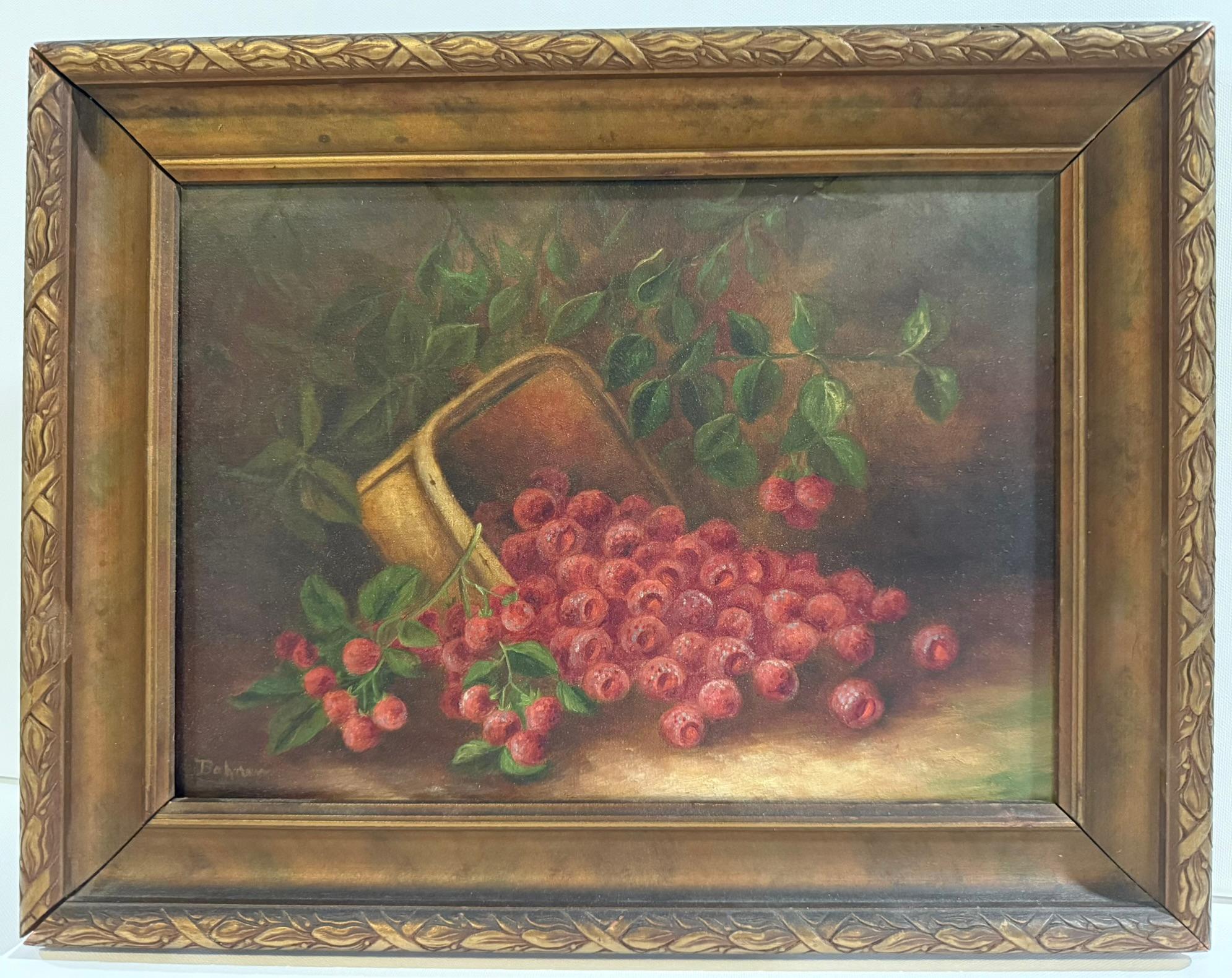 Still-Life Painting de Unknown - Pintura antigua Plétora de frambuesas maduras en cesta de fruta firmada Bohner
