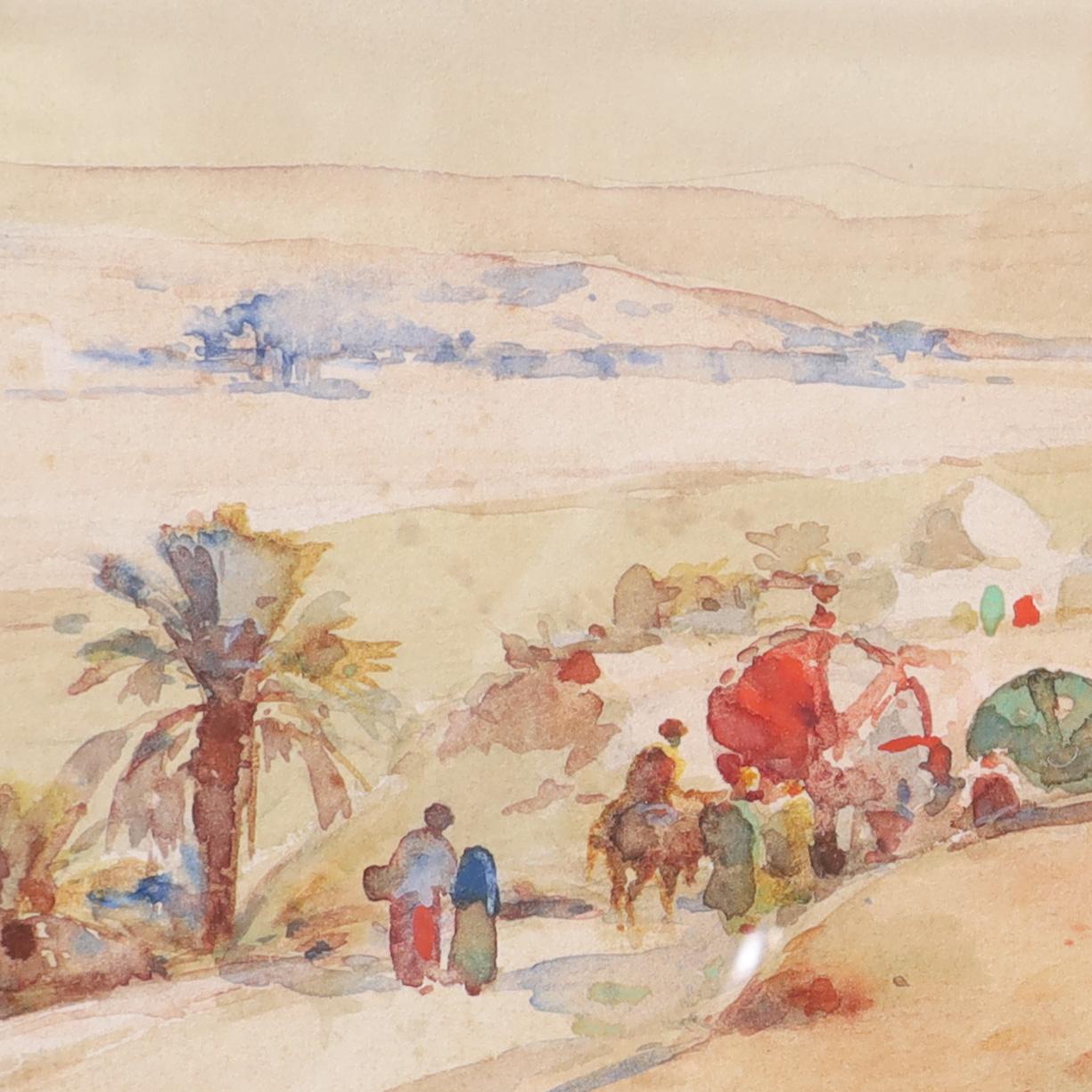 Antike orientalische Aquarelle auf Papier aus dem 19. Jahrhundert, die Landschaften des Nahen Ostens darstellen und mit viel Geschick und Selbstbewusstsein ausgeführt wurden. Vom französischen Künstler Emile Boivin signiert und unter Glas in