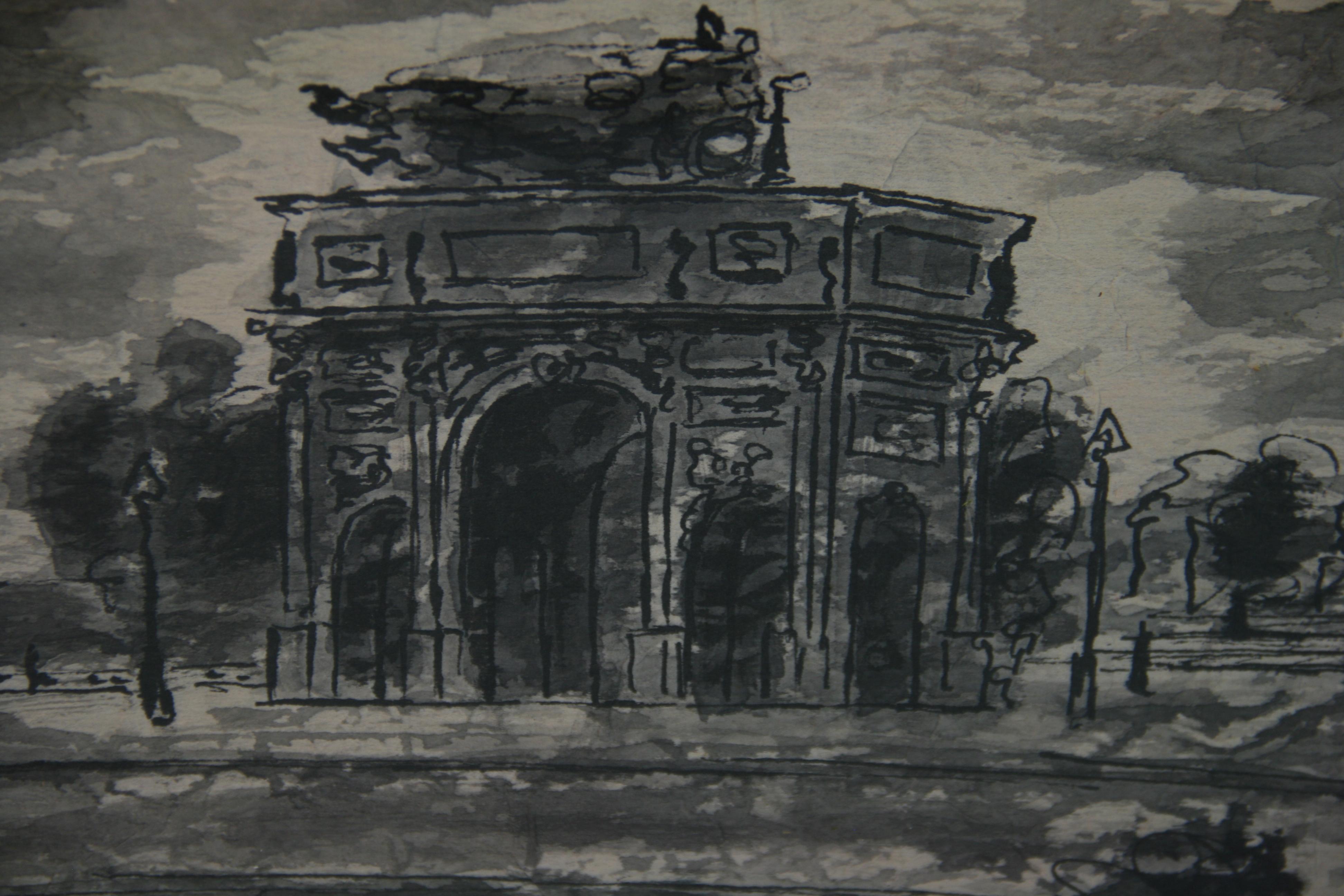 Antique Paris Ink and Gouache Landscape Painting 1920 2