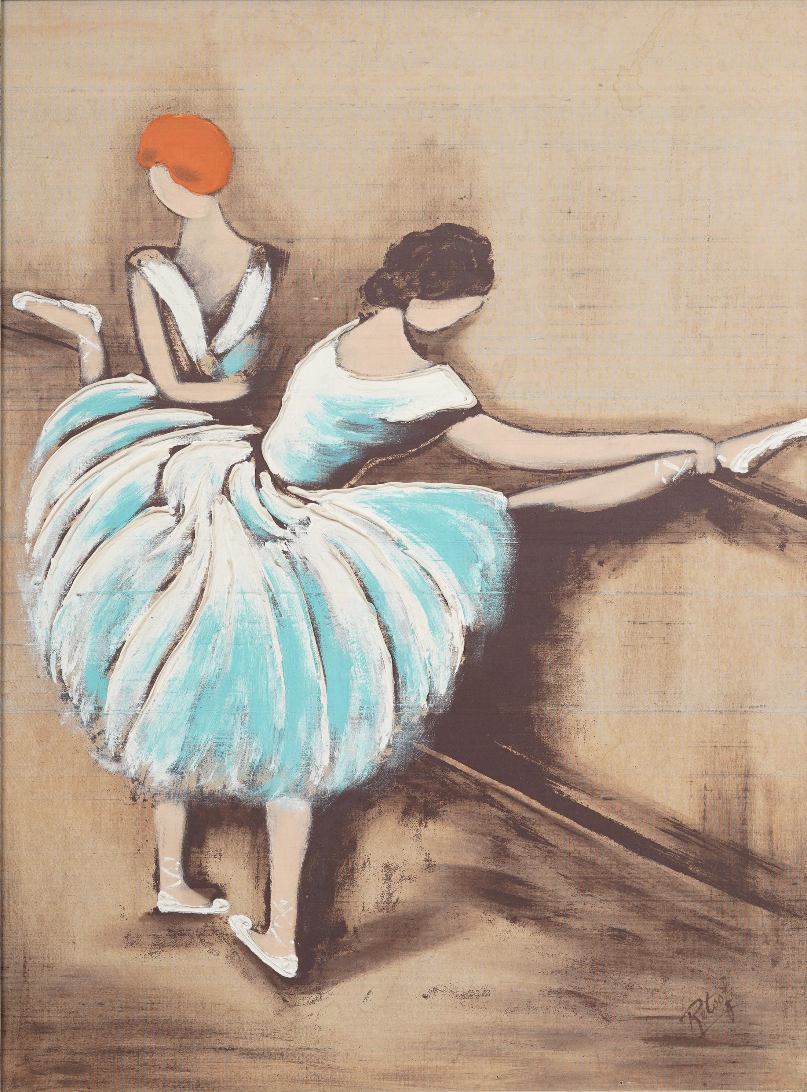 Antique Paris Modern Ballerina Studio Framed Modernist Portrait Oil Painting - Beige Interior Painting by Unknown