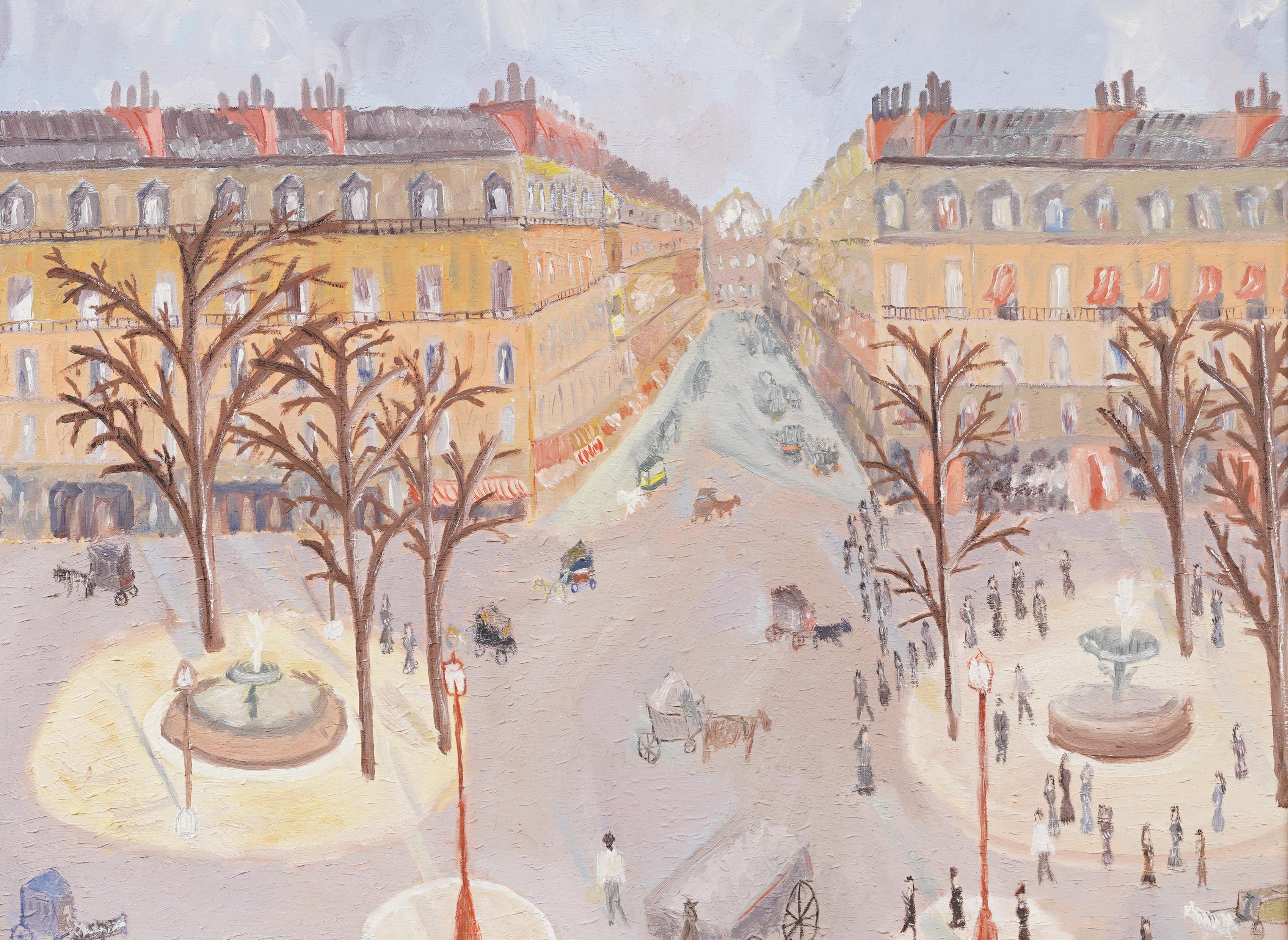 Antico paesaggio urbano parigino moderno, scena di strada firmata e incorniciata, pittura ad olio - Abstract Painting Beige di Unknown