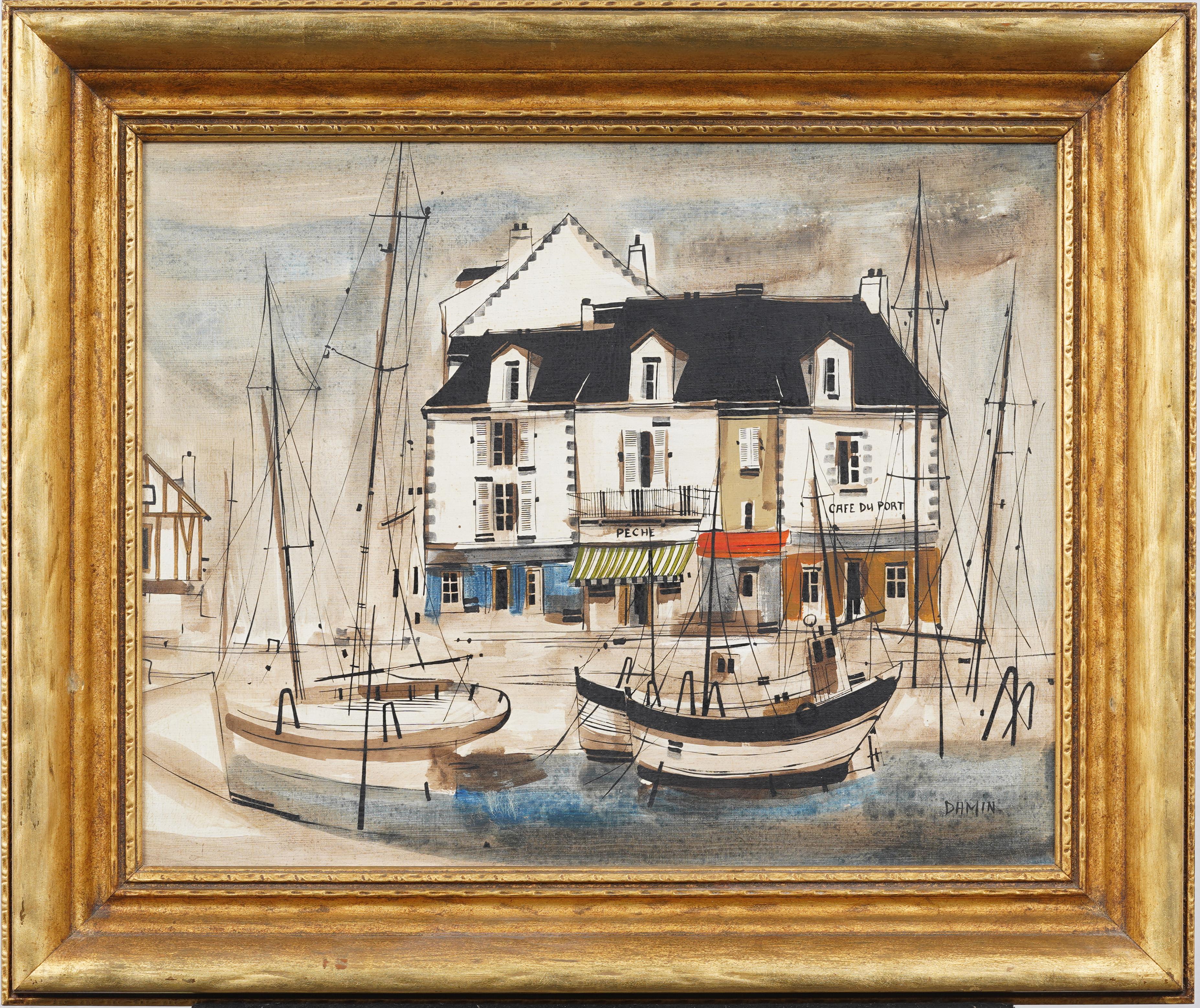 Antique Paris Modern Coastal Port City Framed Signed Original Oil Painting - Beige Landscape Painting by Unknown