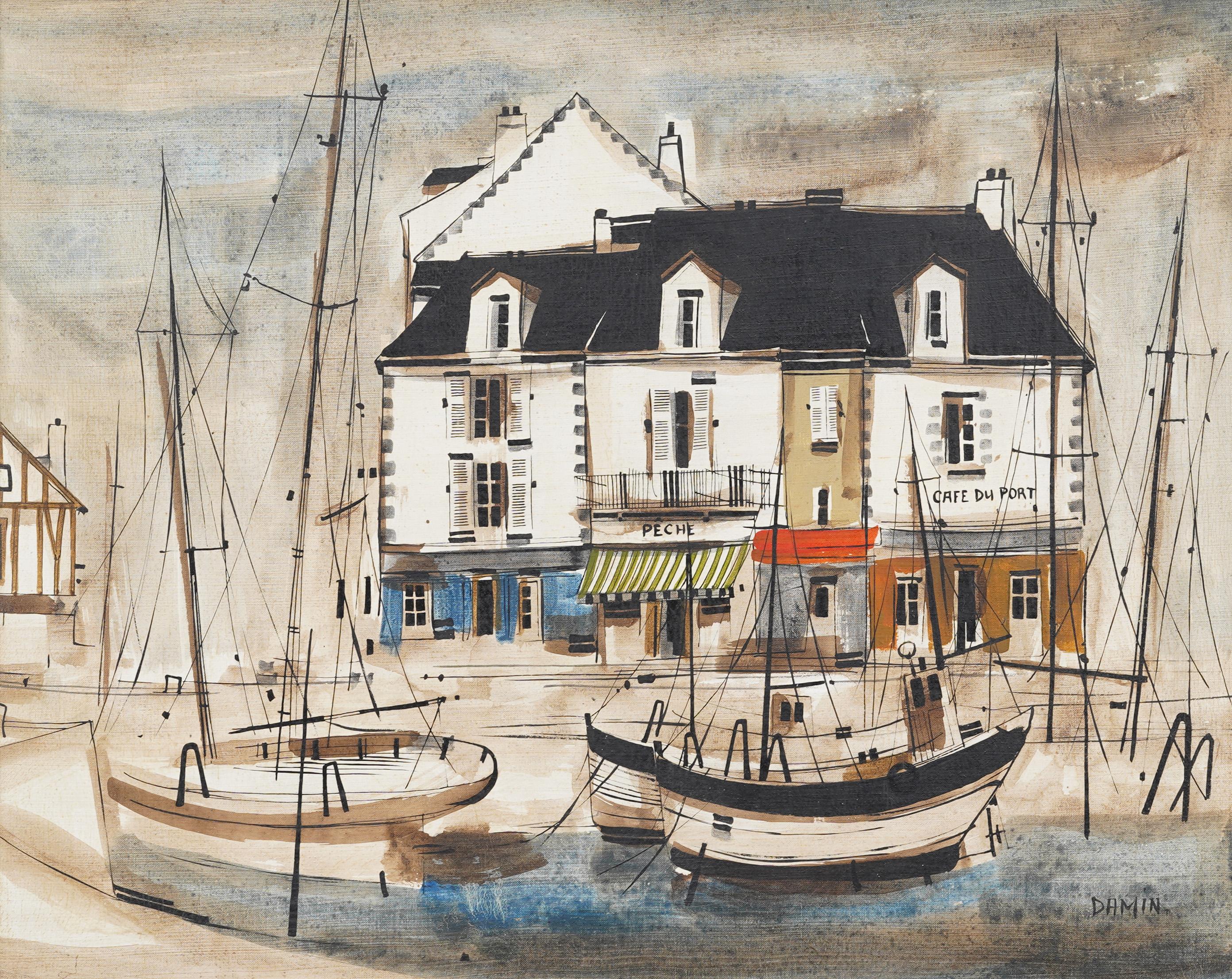 Vintage French modernist coastal scene oil painting. Oil on canvas.   Framed. Signed.  In excellent original condition. Handsomely framed in a  wood molding.  Excellent condition, ready to hang and enjoy. 