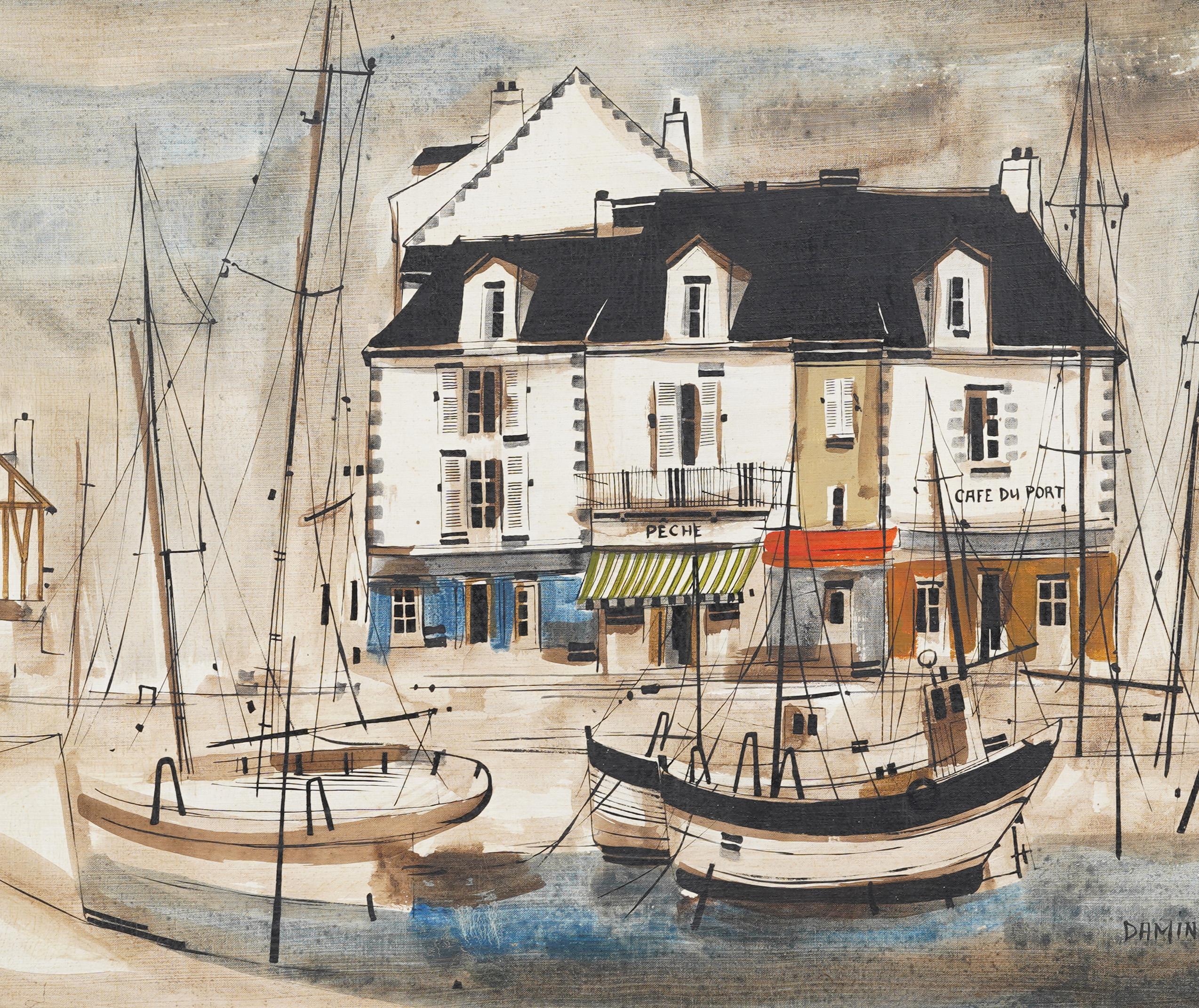 Antique Paris Modern Coastal Port City Framed Signed Original Oil Painting For Sale 1