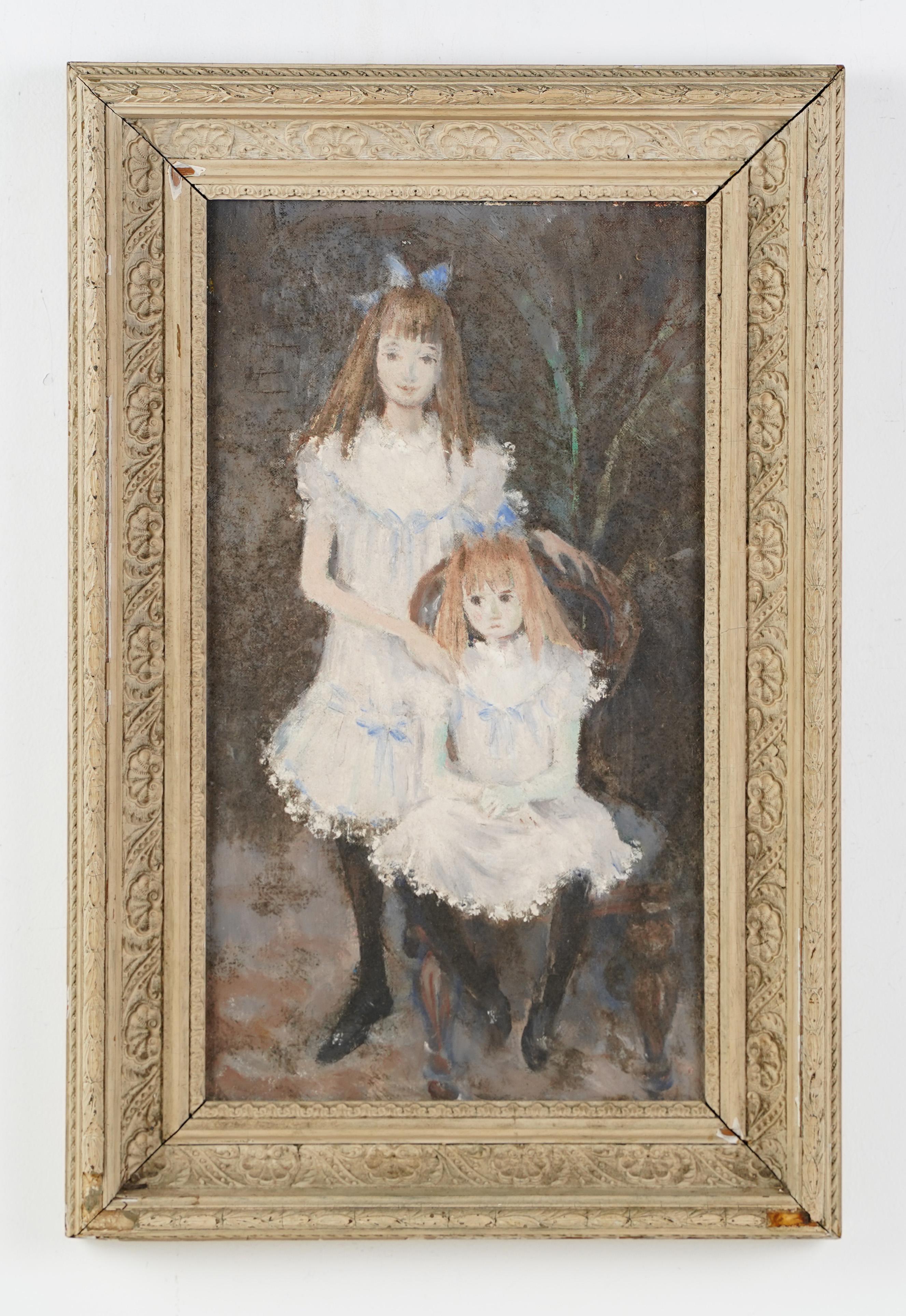 Antique French impressionist portrait oil painting of two young girls.  Oil on board.  No signature found.  Framed.  Image size, 10L x 18H.
