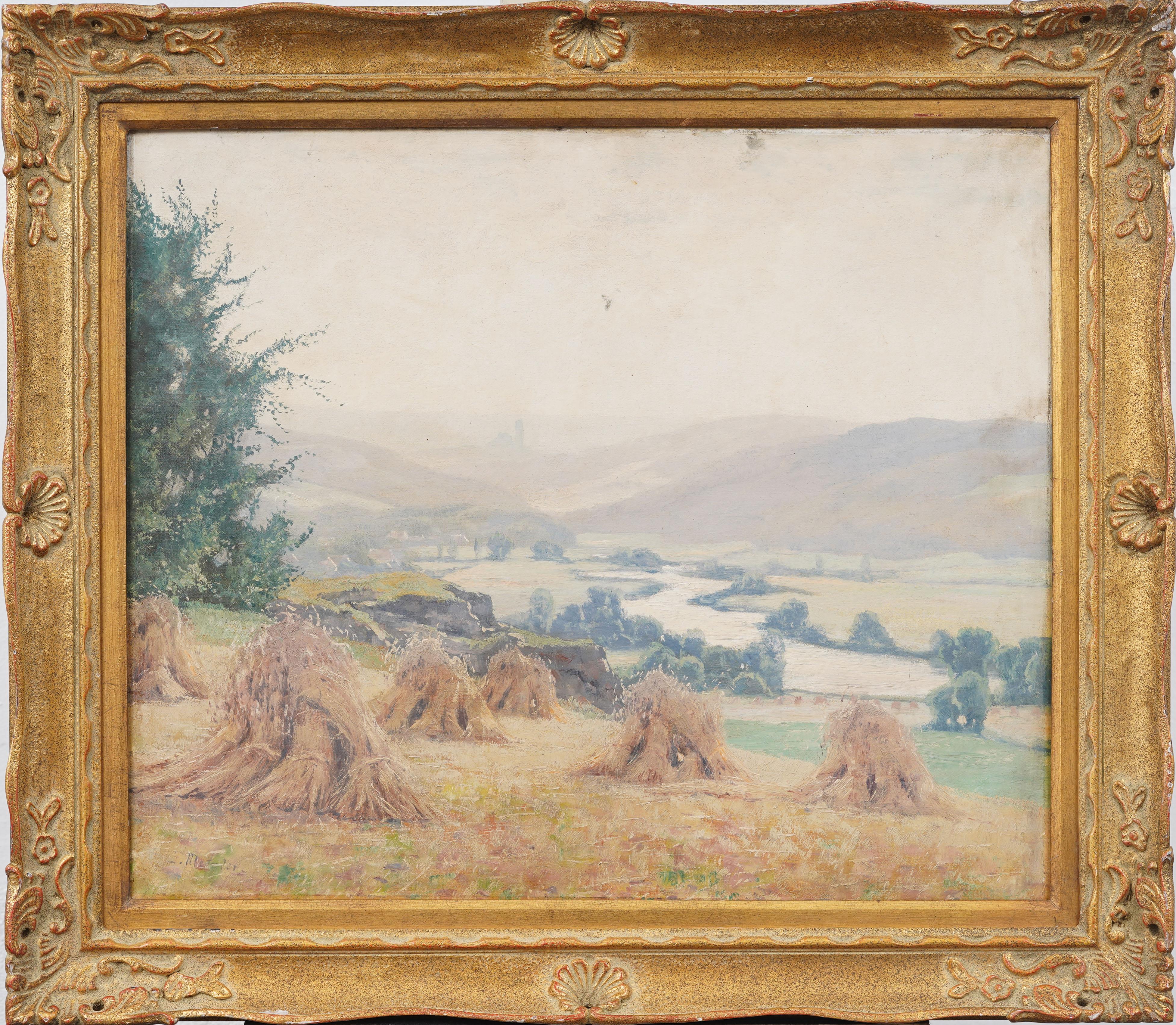 Antique Pastoral Landscape with River and Haystacks Giltwood Framed Oil Painting - Beige Landscape Painting by Unknown