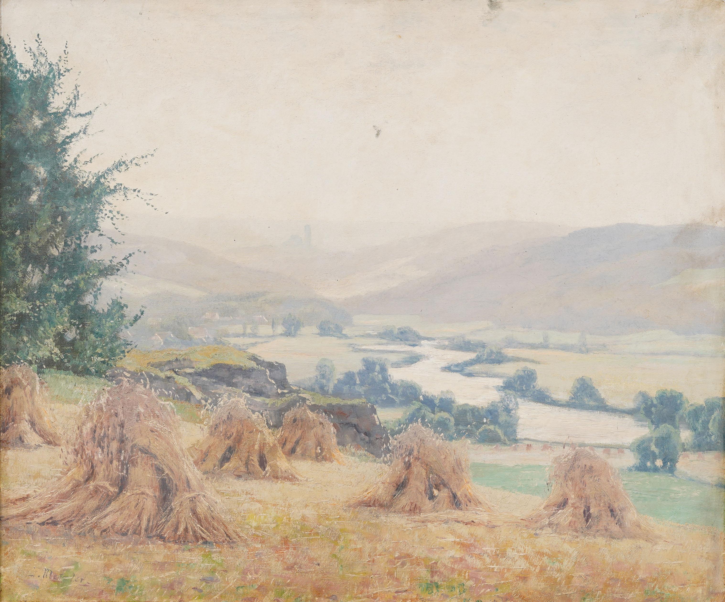 An atmospheric tonalist landscape oil on canvas, capturing the soft haze of late summer over a meandering river valley. In the foreground, traditional bound haystacks punctuate a sloping field, their sunlit ochres set against the cool blue-green