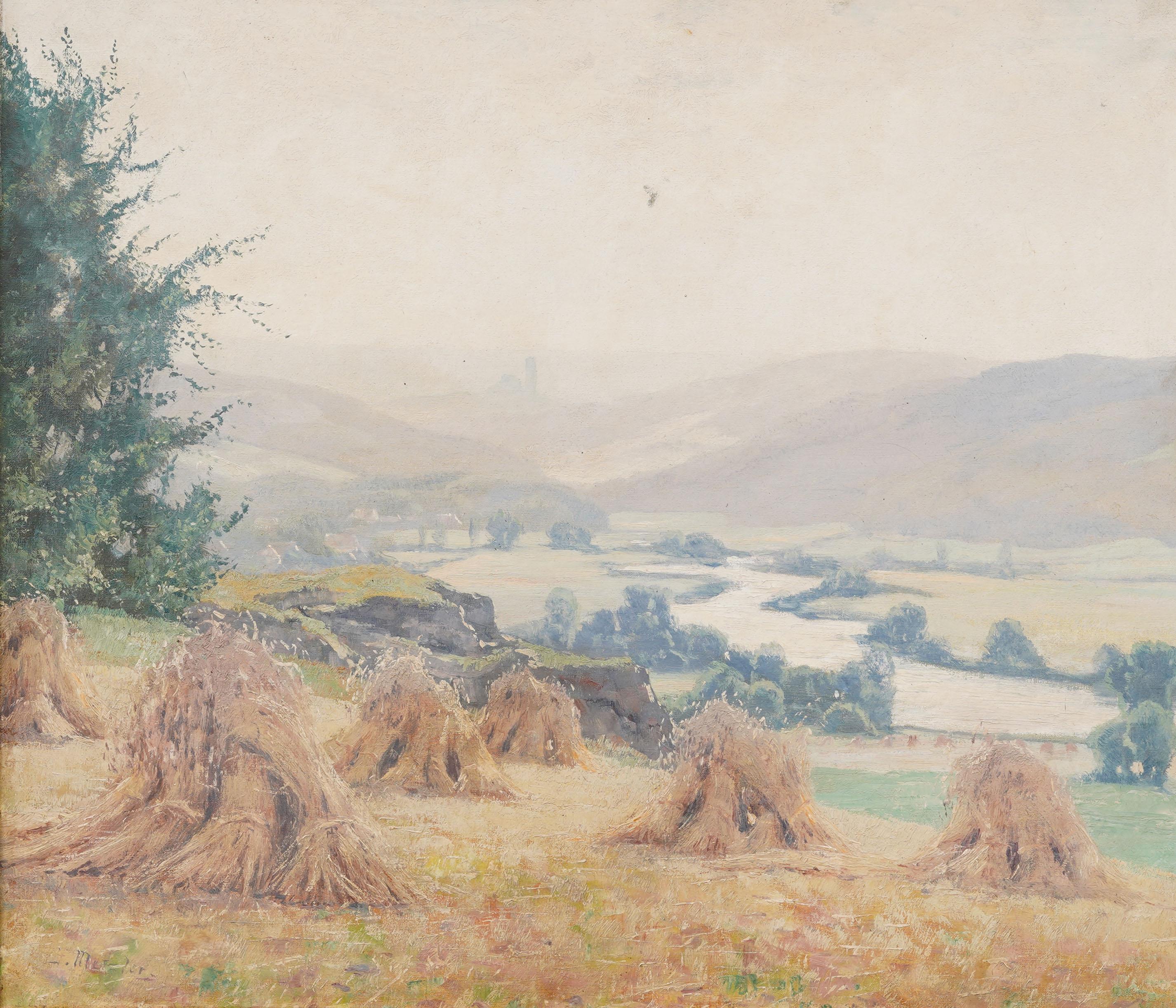 Antique Pastoral Landscape with River and Haystacks Giltwood Framed Oil Painting For Sale 1