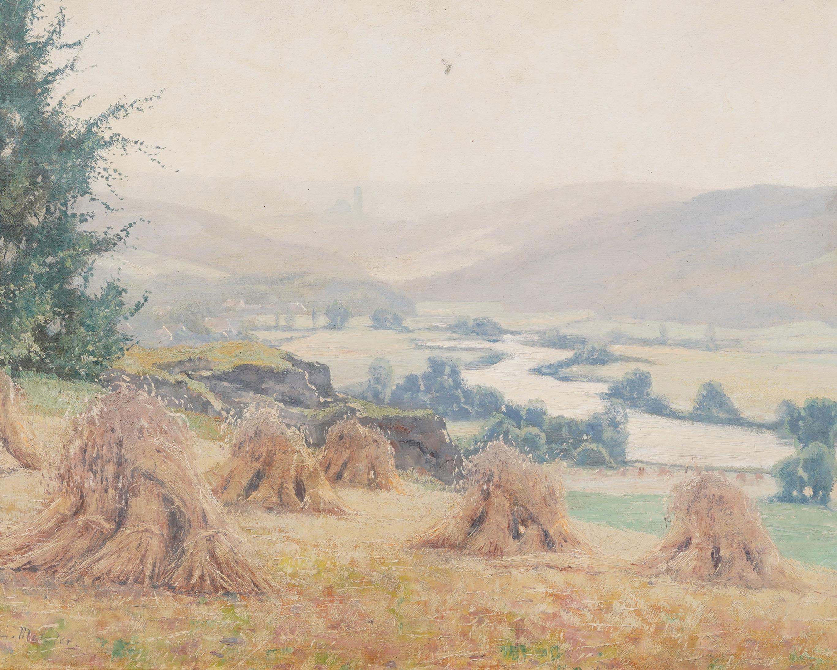 Antique Pastoral Landscape with River and Haystacks Giltwood Framed Oil Painting For Sale 2