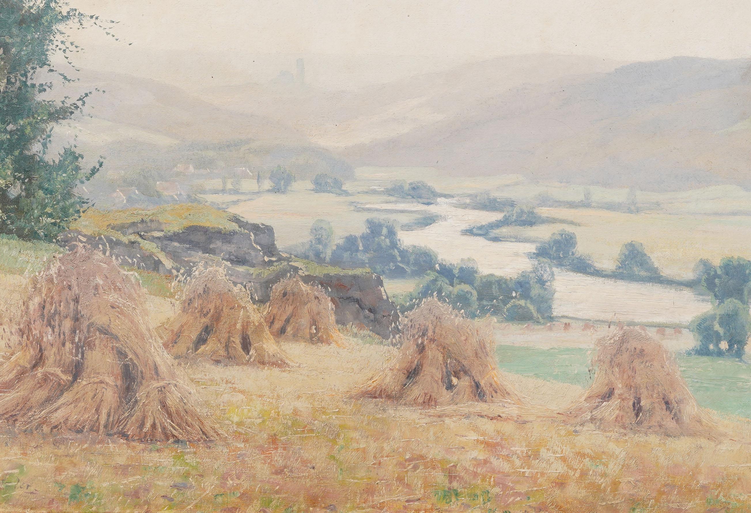 Antique Pastoral Landscape with River and Haystacks Giltwood Framed Oil Painting For Sale 3