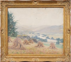 Antique Pastoral Landscape with River and Haystacks Giltwood Framed Oil Painting