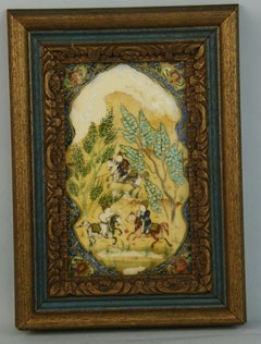 Antique Persian Hunt Scene  Landscape  Oil Painting
