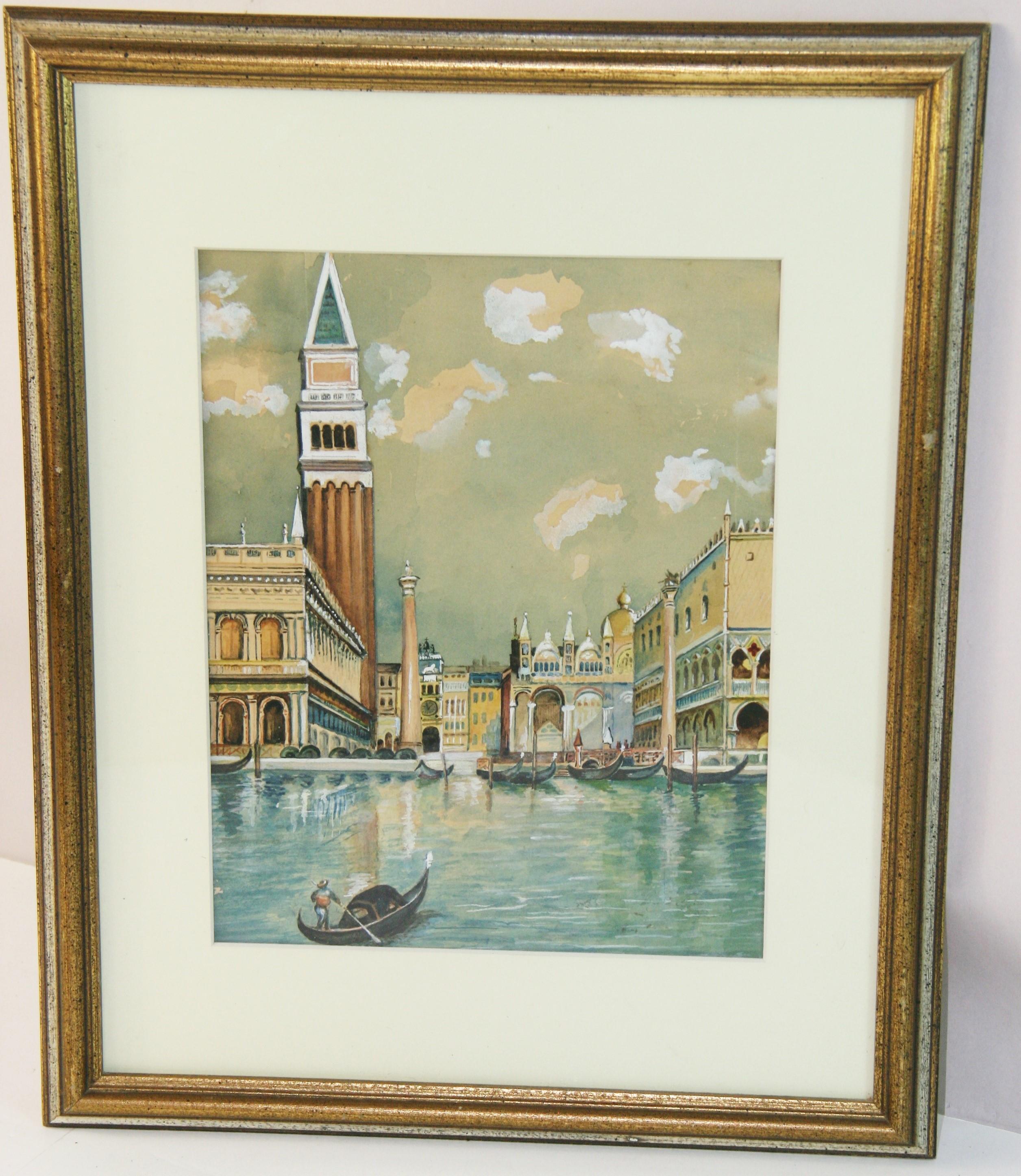 Antico Piazza San Marco Venezia dettagliato Gouache as Seen From The Lagoon 1920's - Painting di Unknown