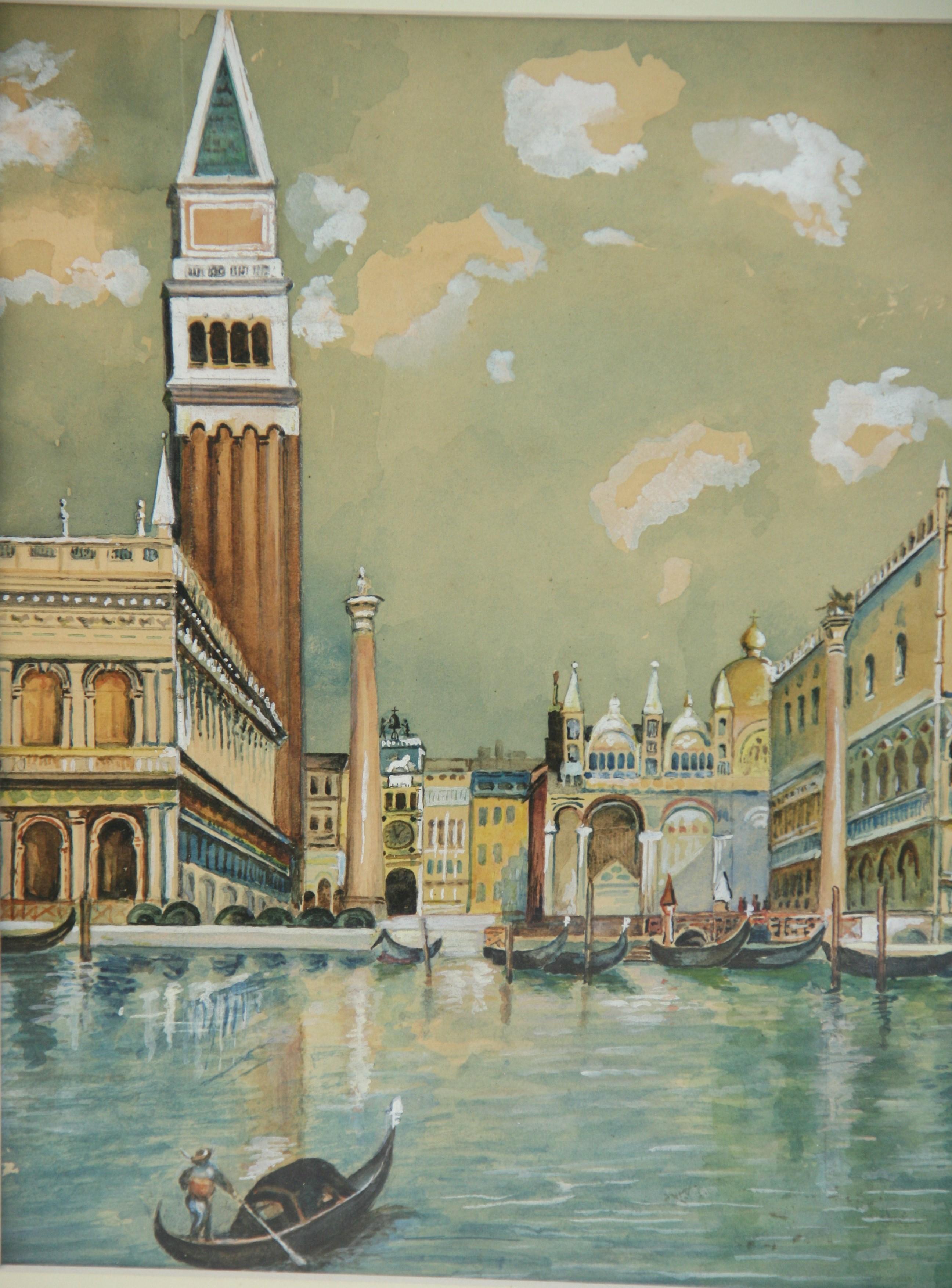 Antico Piazza San Marco Venezia dettagliato Gouache as Seen From The Lagoon 1920's - Landscape Painting Marrone di Unknown