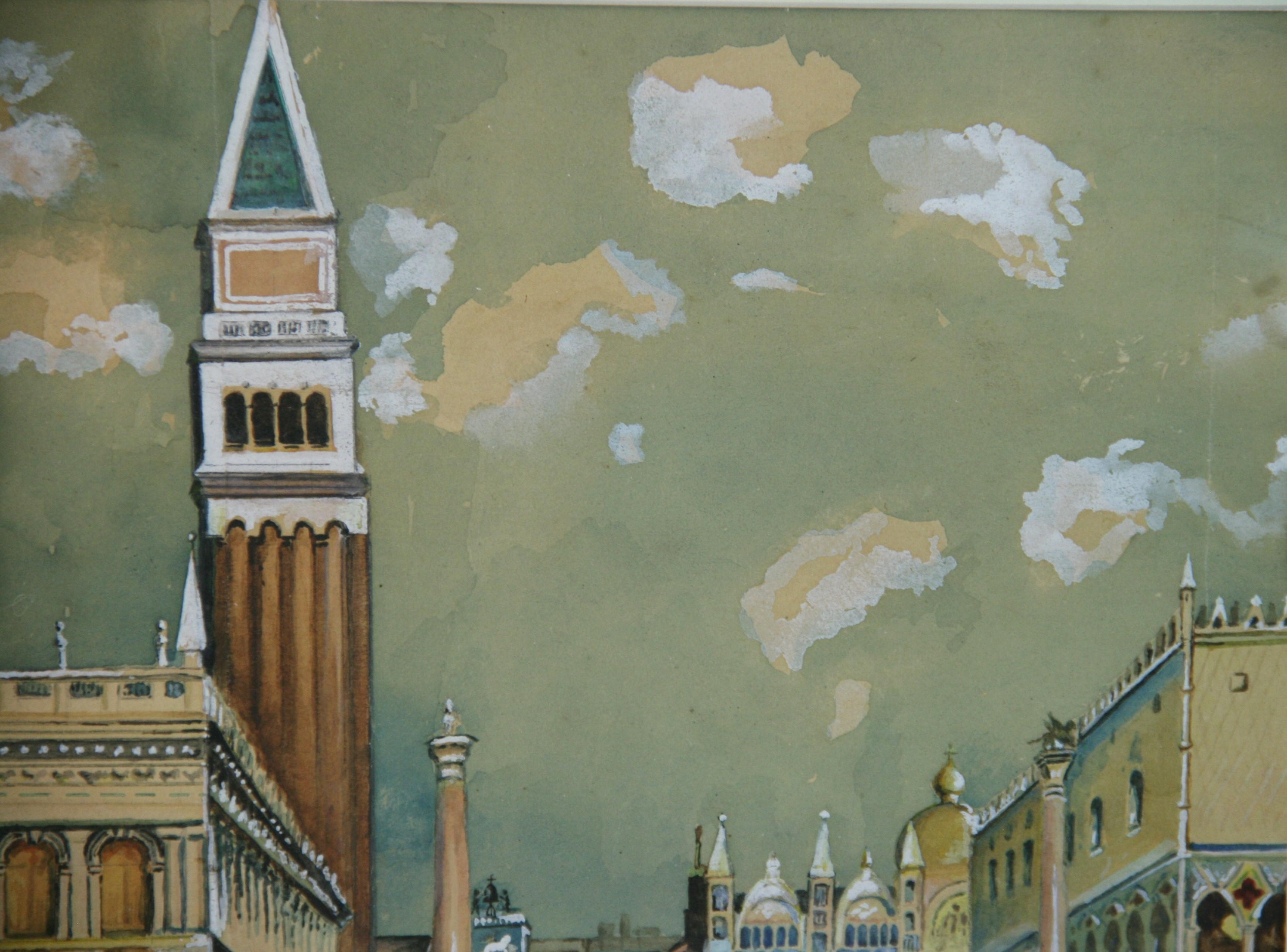 Antico Piazza San Marco Venezia dettagliato Gouache as Seen From The Lagoon 1920's in vendita 1