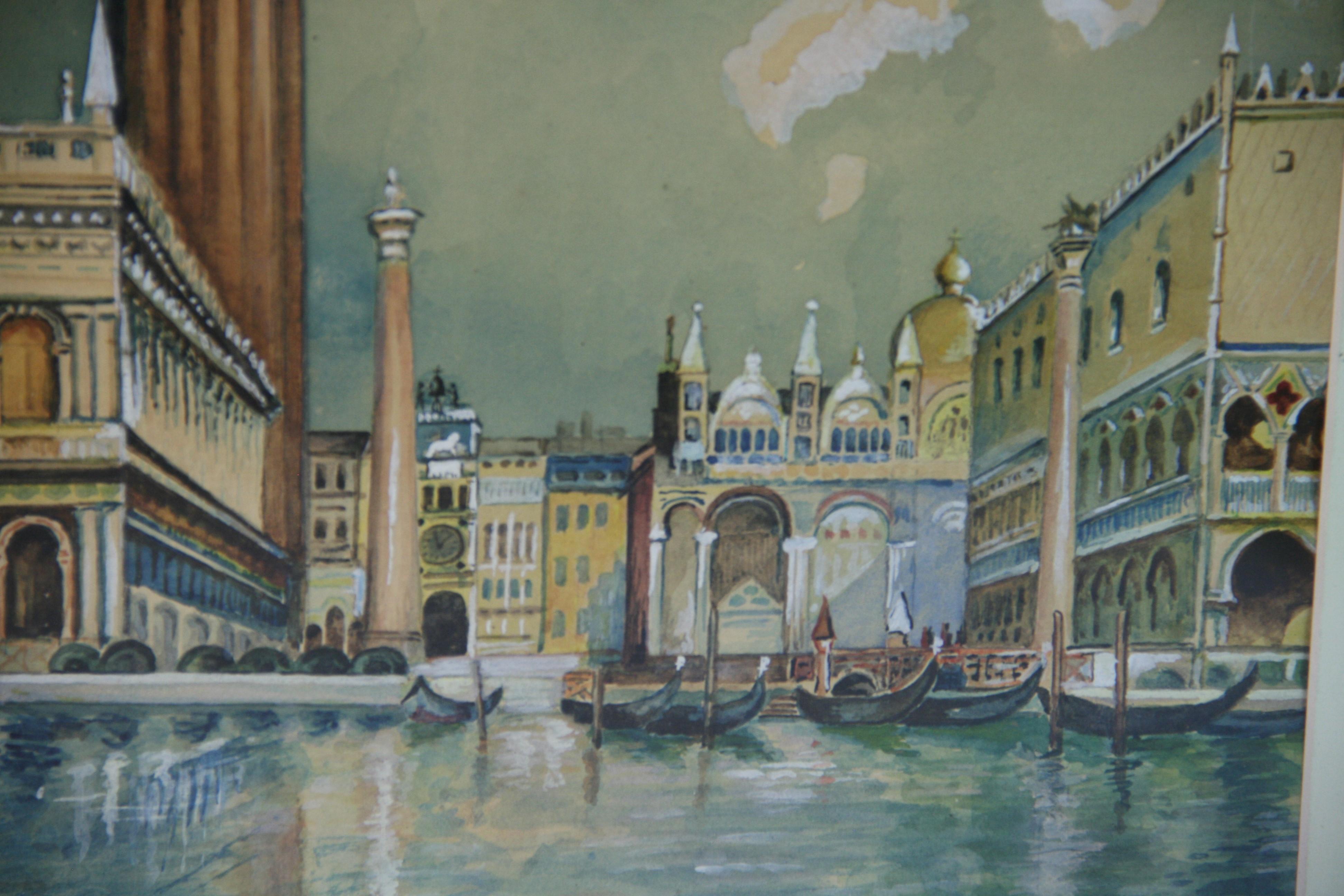 Antico Piazza San Marco Venezia dettagliato Gouache as Seen From The Lagoon 1920's in vendita 3