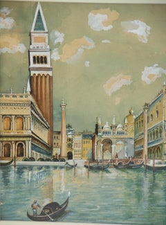 Antique Piazza San Marco Venice Detailed Gouache as Seen From The Lagoon 1920's
