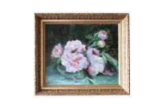 Antique pink floral still life oil painting, French still life with pink peonies