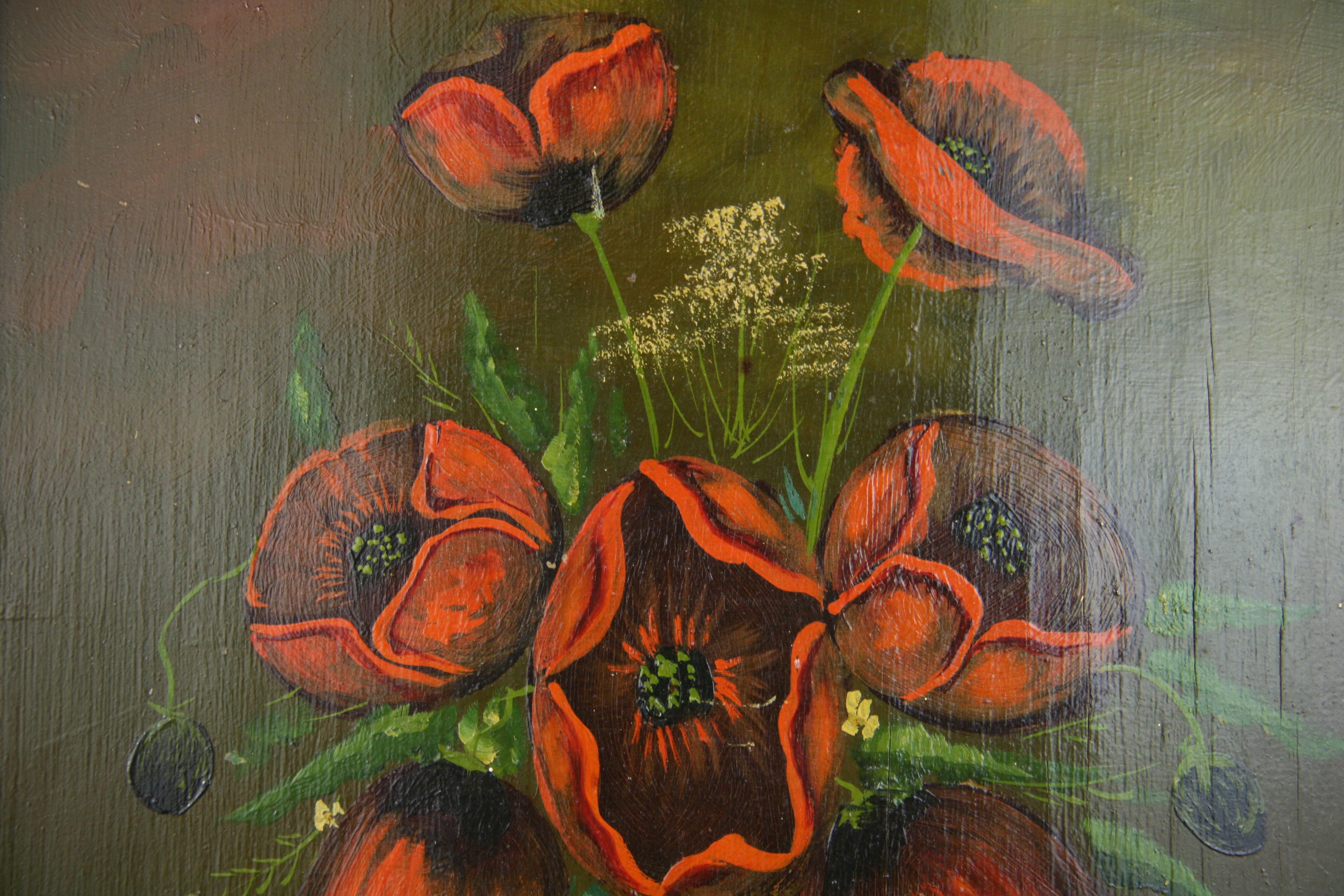 Antike Mohnblumen  Blumenstrauß Stillleben Ölgemälde   1920 – Painting von Unknown