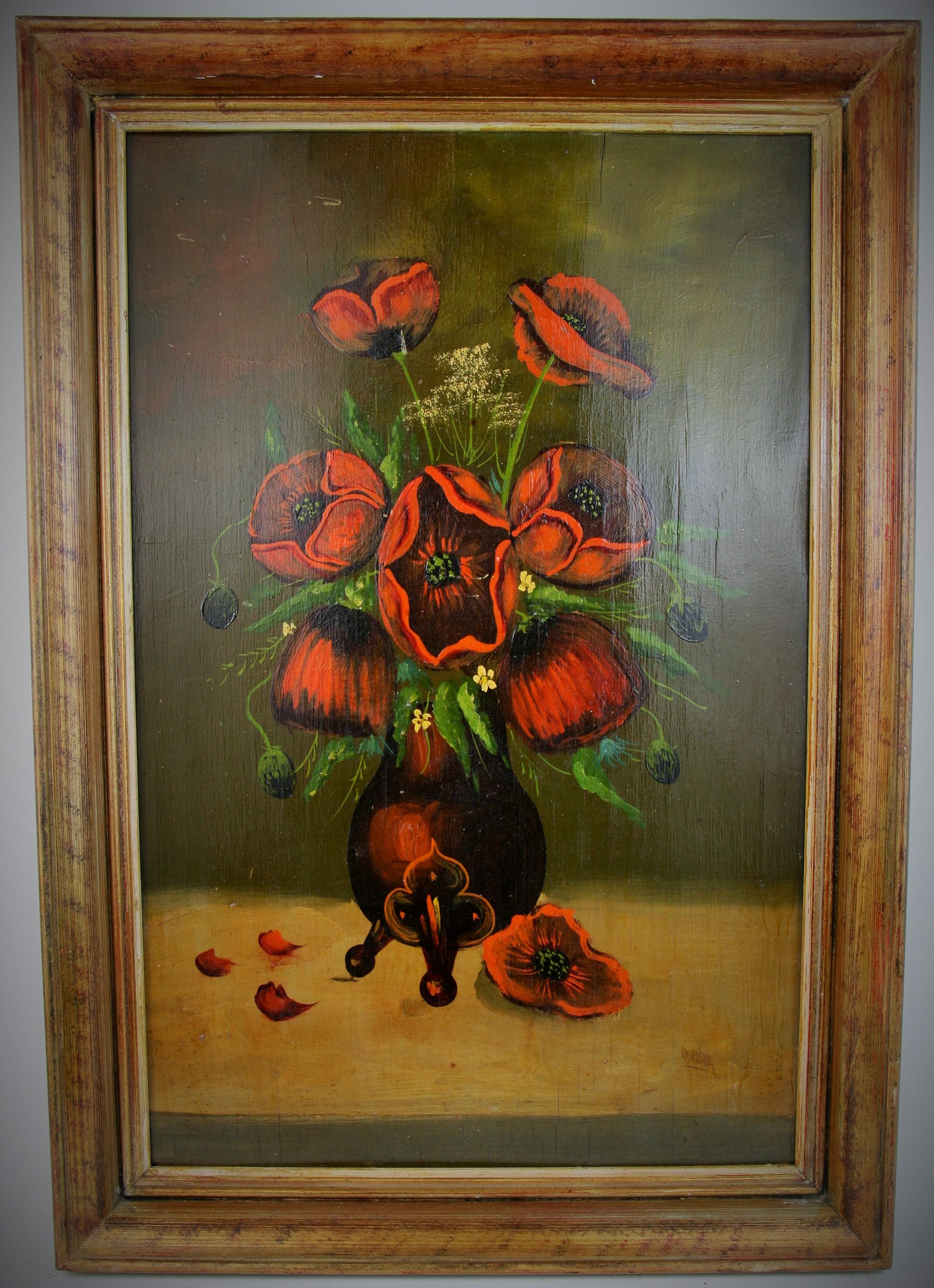 Unknown Still-Life Painting - Antique Poppies  Flower Bouquet Still Life Oil Painting   1920