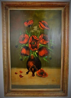 Antique Poppies  Flower Bouquet Still Life Oil Painting   1920
