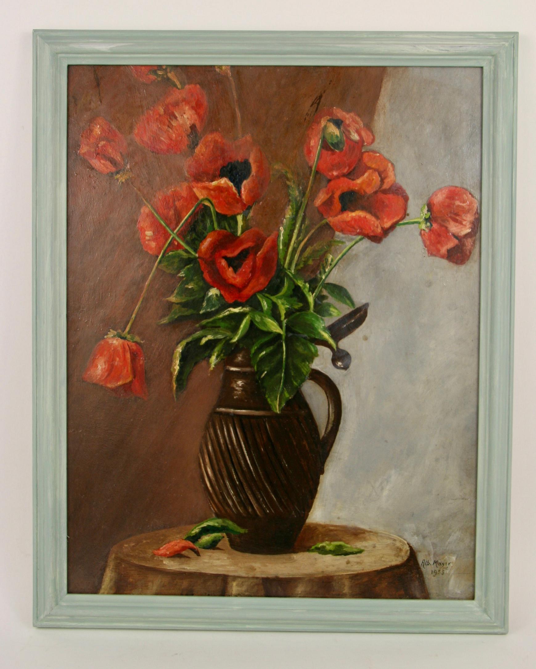 Antique Poppies Still Life Oil Painting on Artist Board, Signed 1953