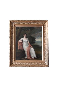 Antique portrait 19th Century Romantic Portrait oil painting of a woman with dog