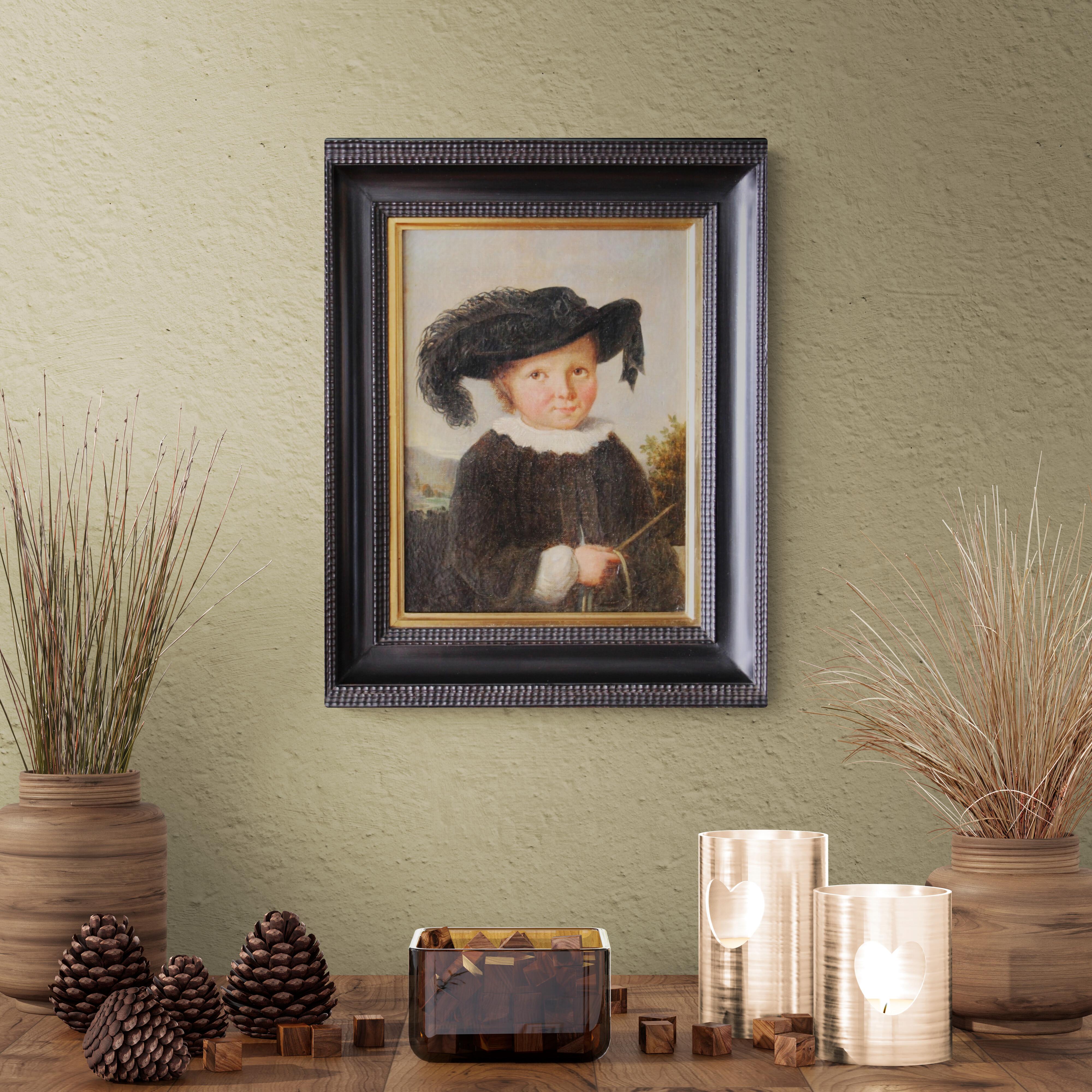 Antique portrait of a boy, child portrait, early 1800's male framed portrait - Painting by Unknown