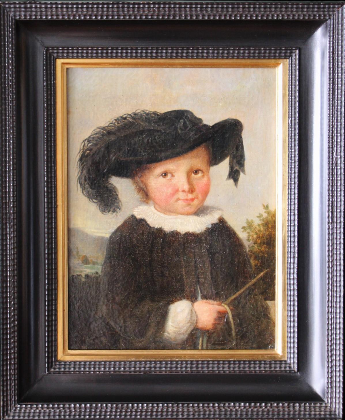 Unknown Portrait Painting – Antikes Porträt eines Jungen, Kinderporträt, männliches gerahmtes Porträt, frühes 1800er Jahre