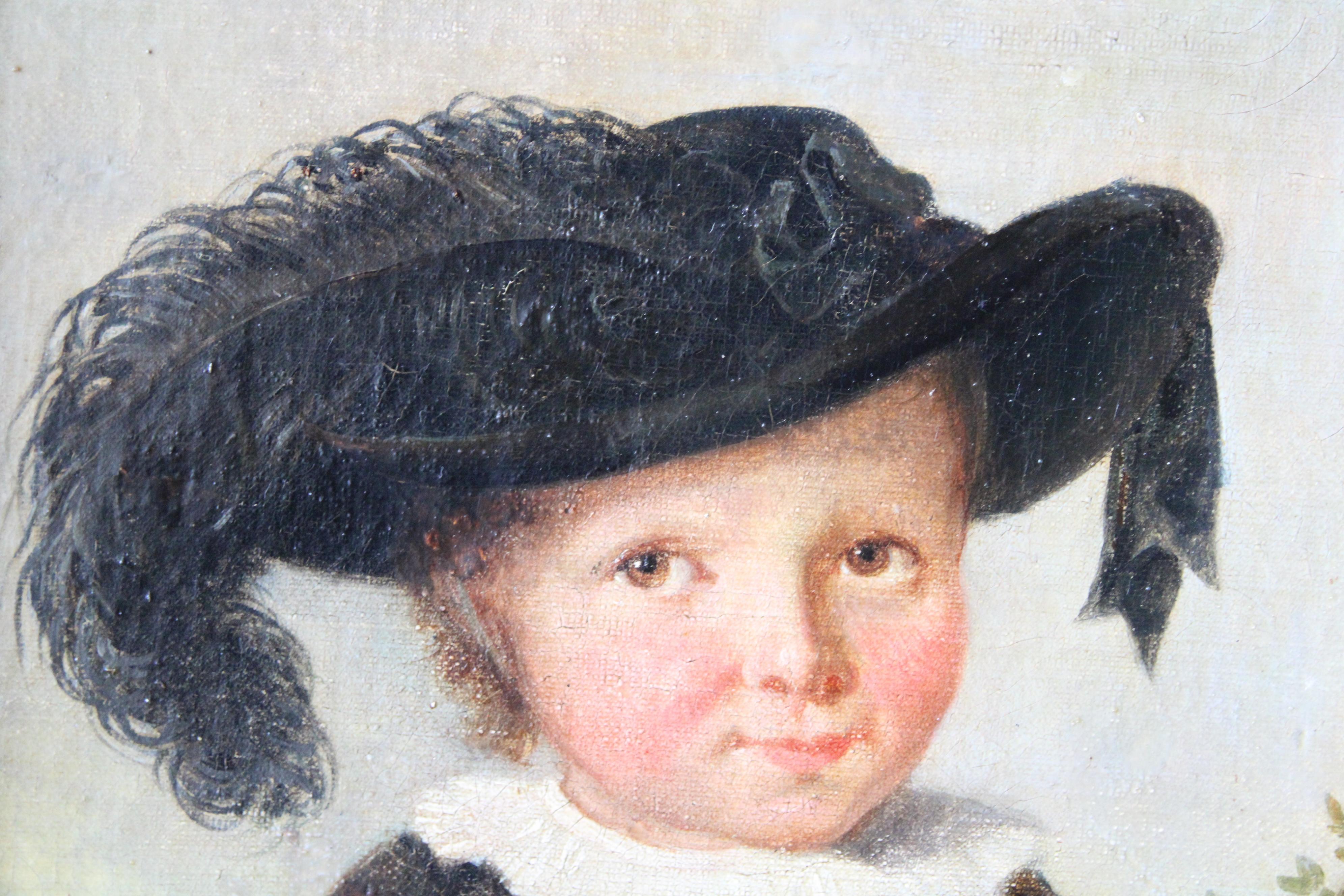 Antique portrait of a boy, child portrait, early 1800's male framed portrait - Black Portrait Painting by Unknown