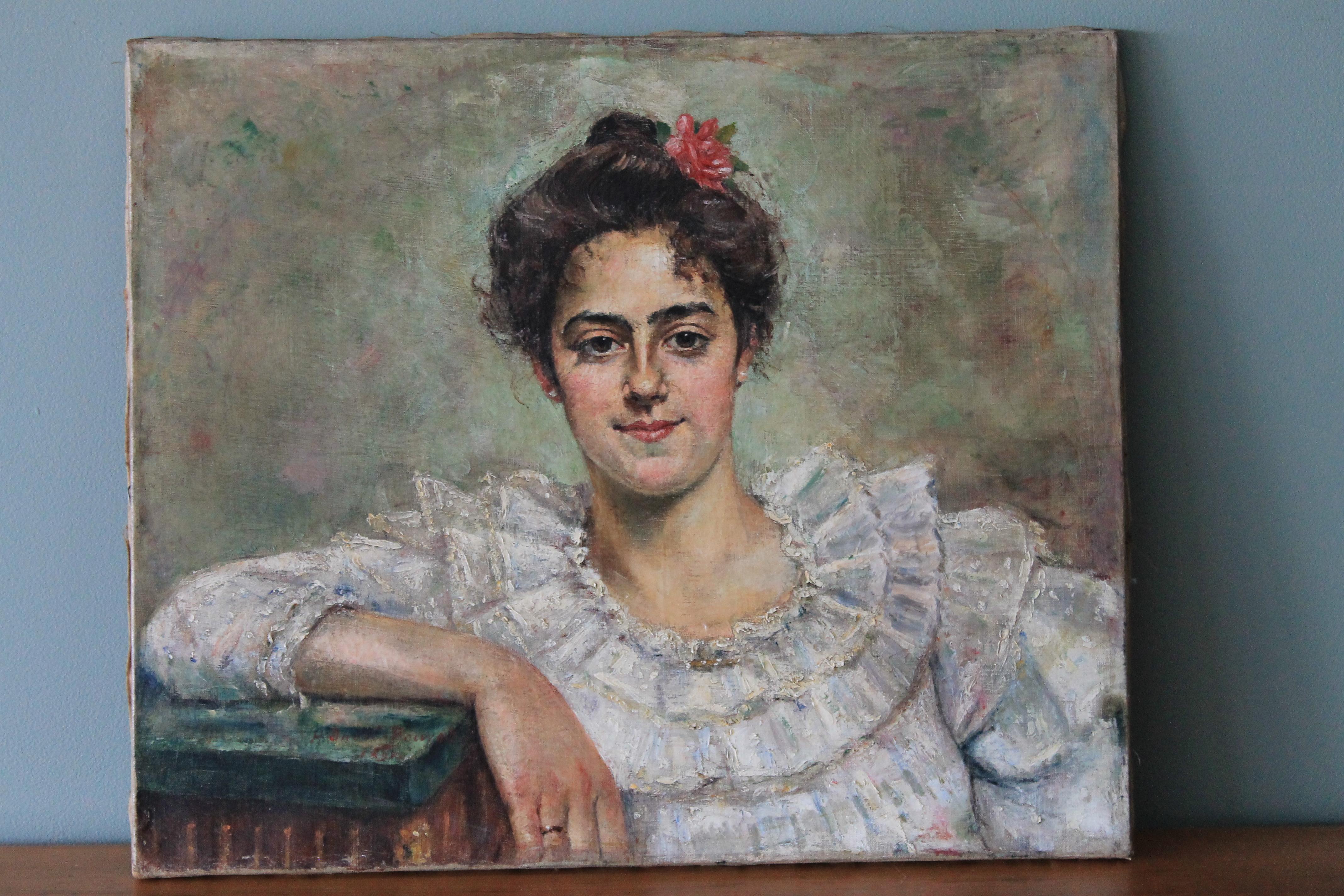 Ritratto di donna, pittura ad olio antica, ritratto femminile - Painting di Unknown