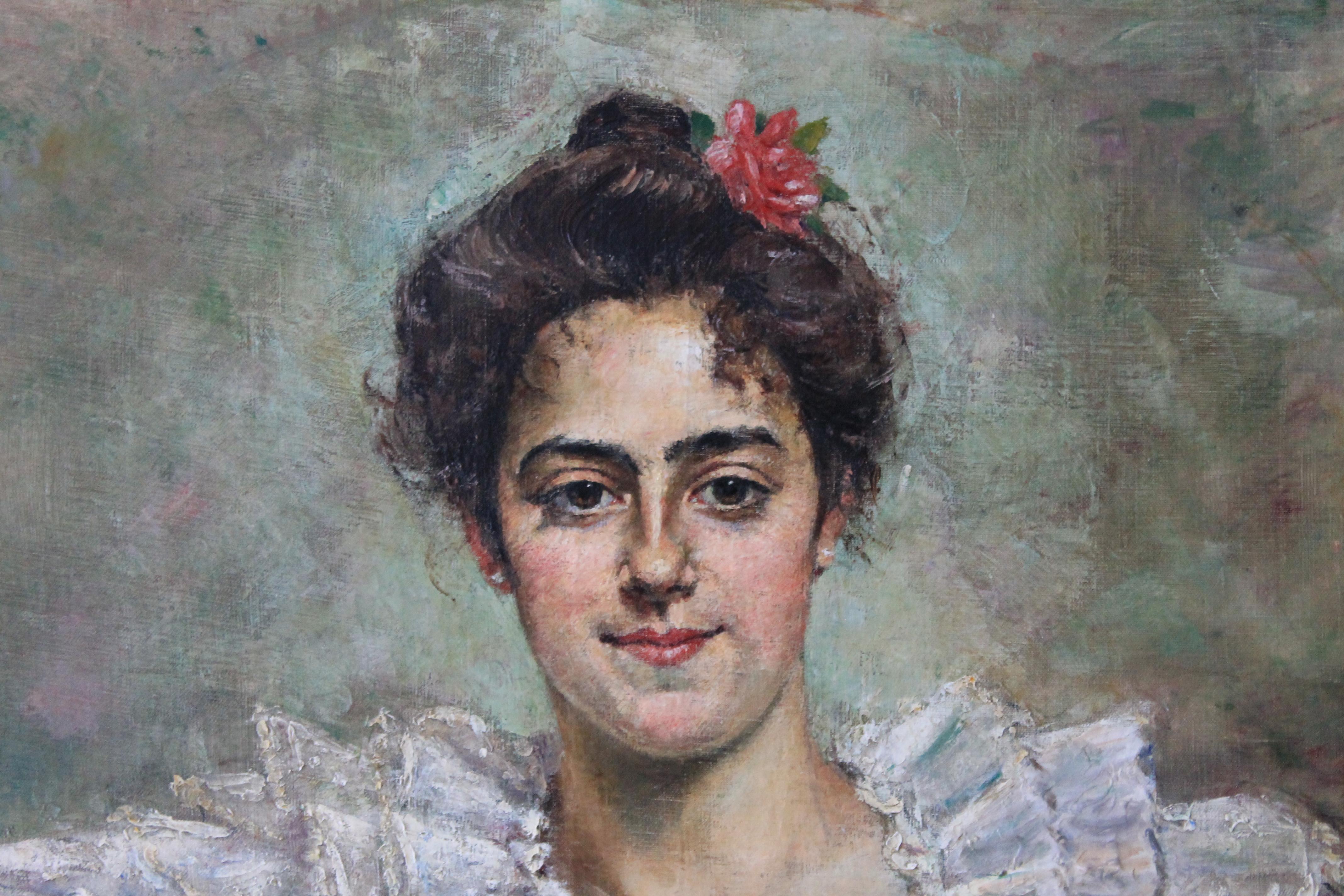 Ritratto antico di donna datato 1897 e firmato H. H. Bouvet in basso a sinistra.  Si tratta di un ritratto sorprendente, leggero e luminoso, molto diverso dai soliti ritratti dell'epoca.  Una donna, forse una ballerina, guarda l'artista con i suoi