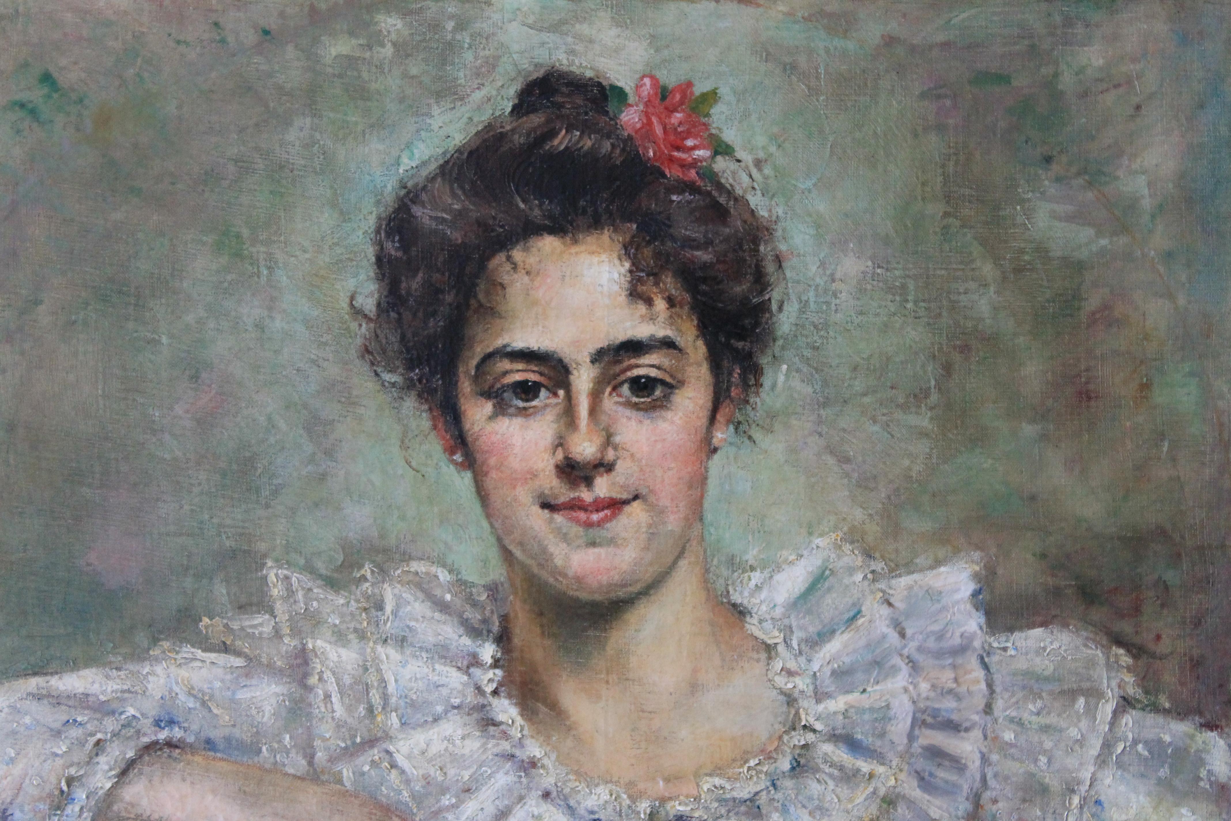 Portrait Painting di Unknown - Ritratto di donna, pittura ad olio antica, ritratto femminile