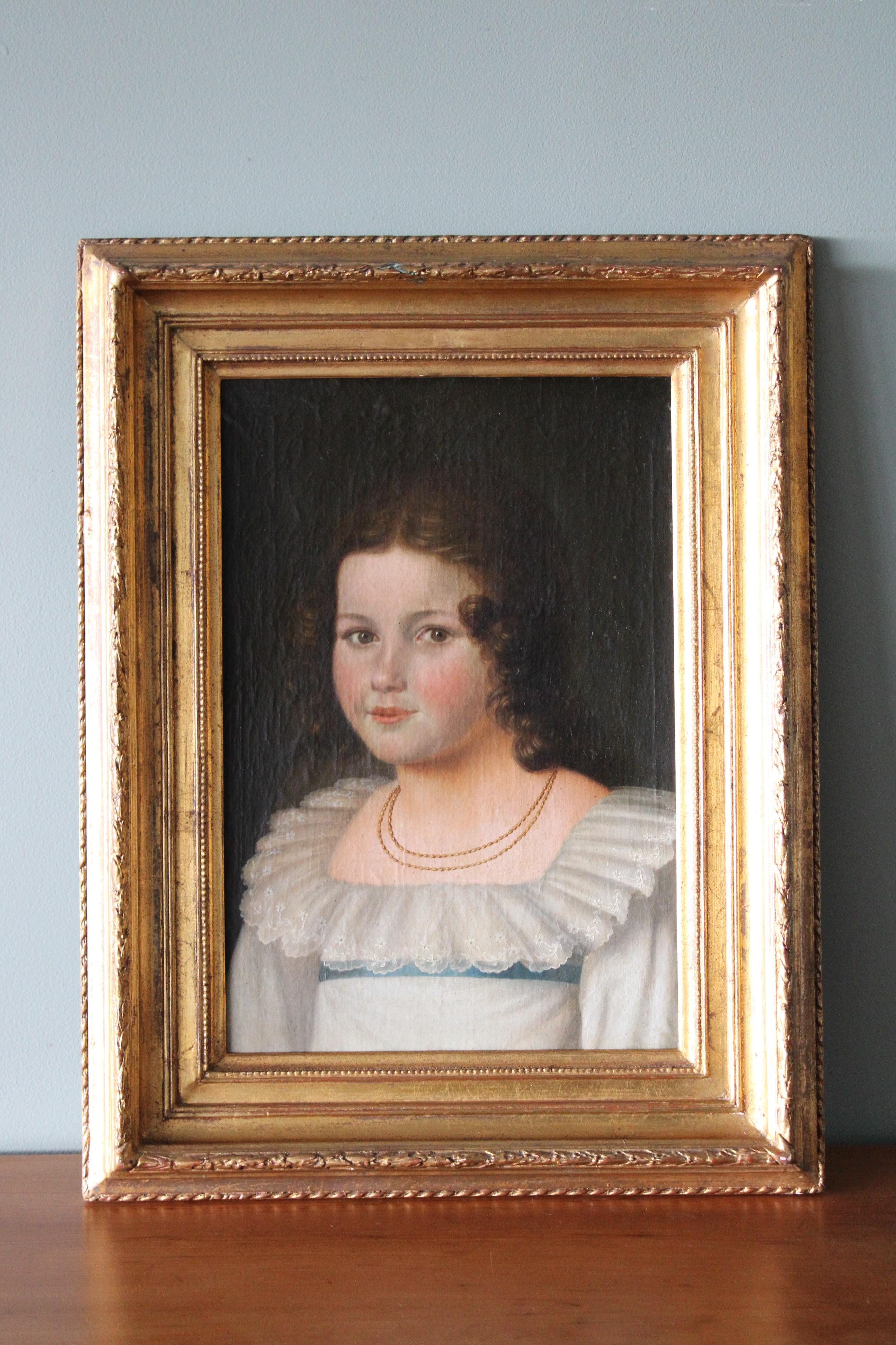 Antique portrait of a woman, French romantic oil painting, female portrait - Painting by Unknown