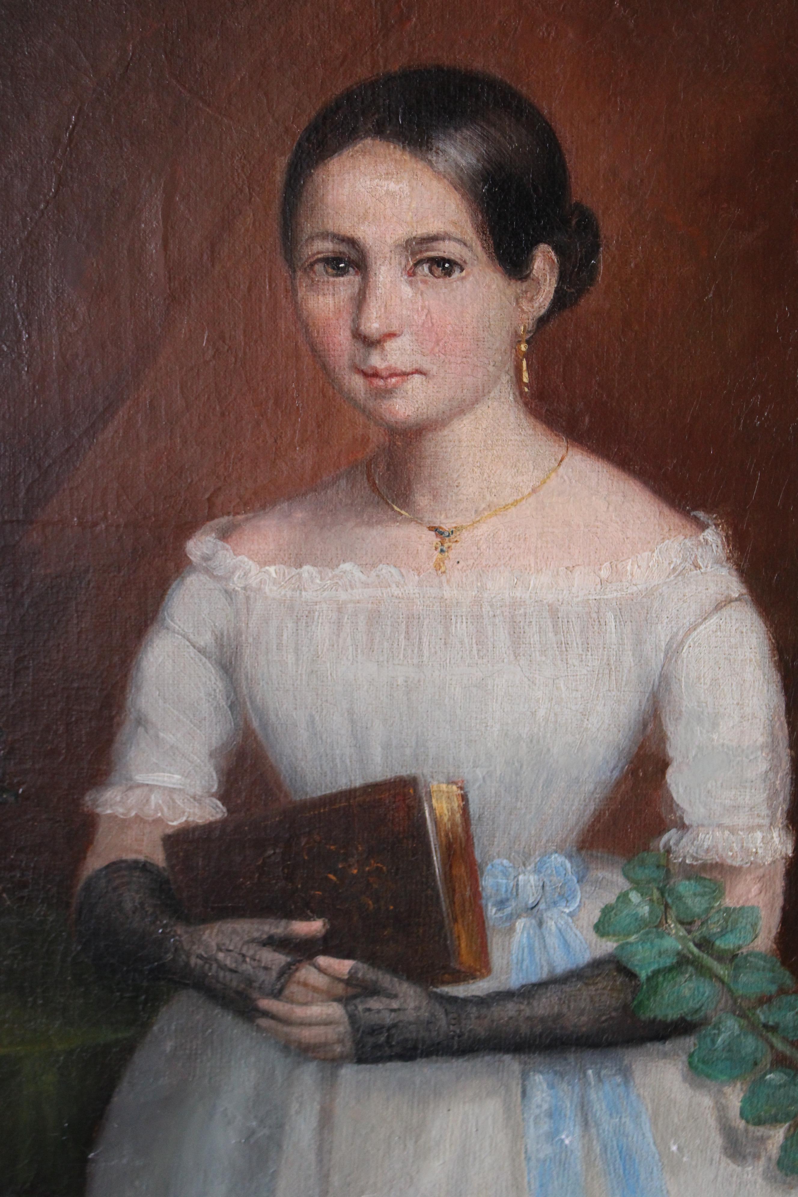 Antikes Porträt einer Frau, französisches romantisches Ölgemälde, weibliches Porträt (Romantik), Painting, von Unknown