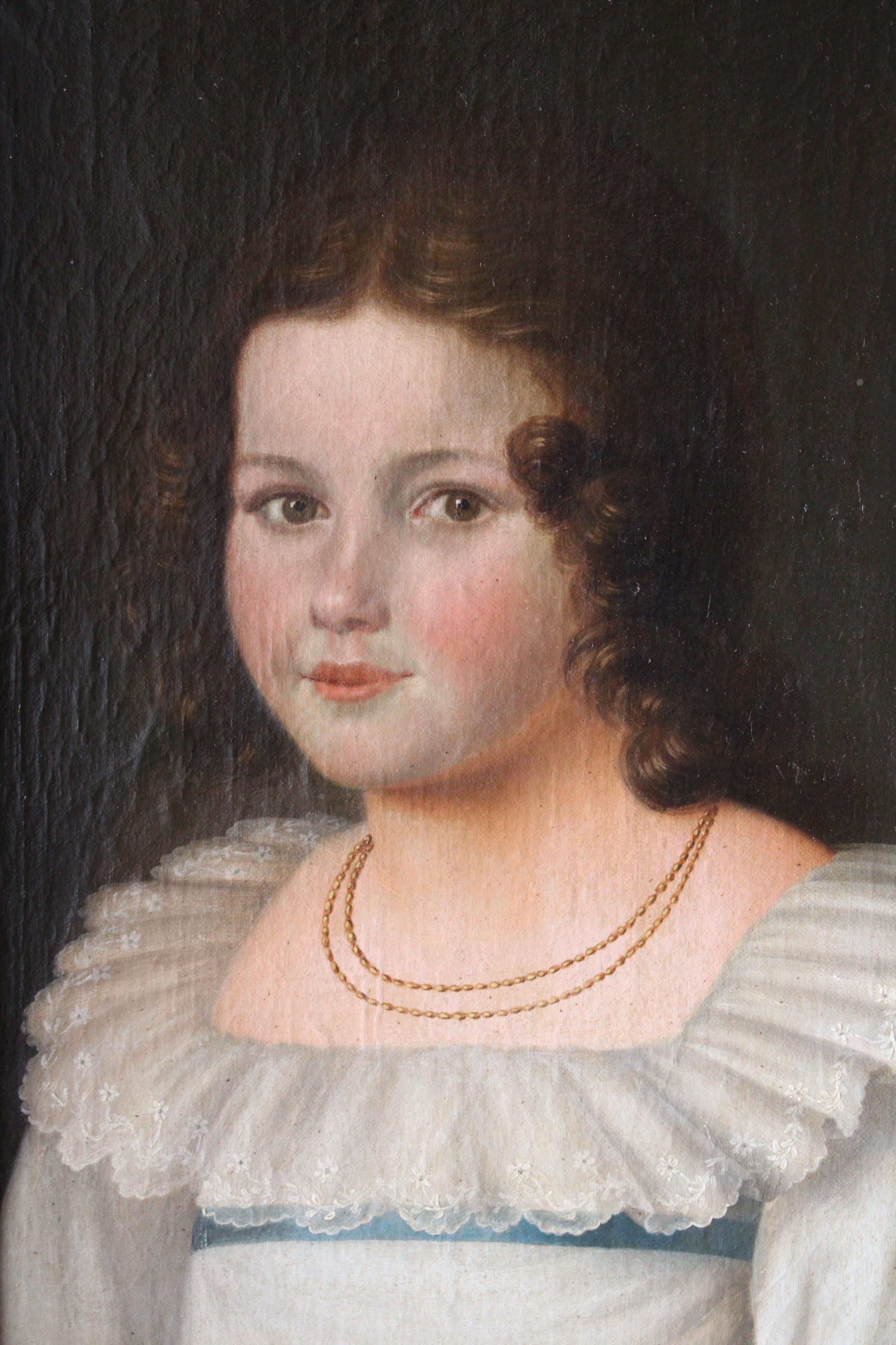 Antique portrait of a woman, French romantic oil painting, female portrait - Romantic Painting by Unknown