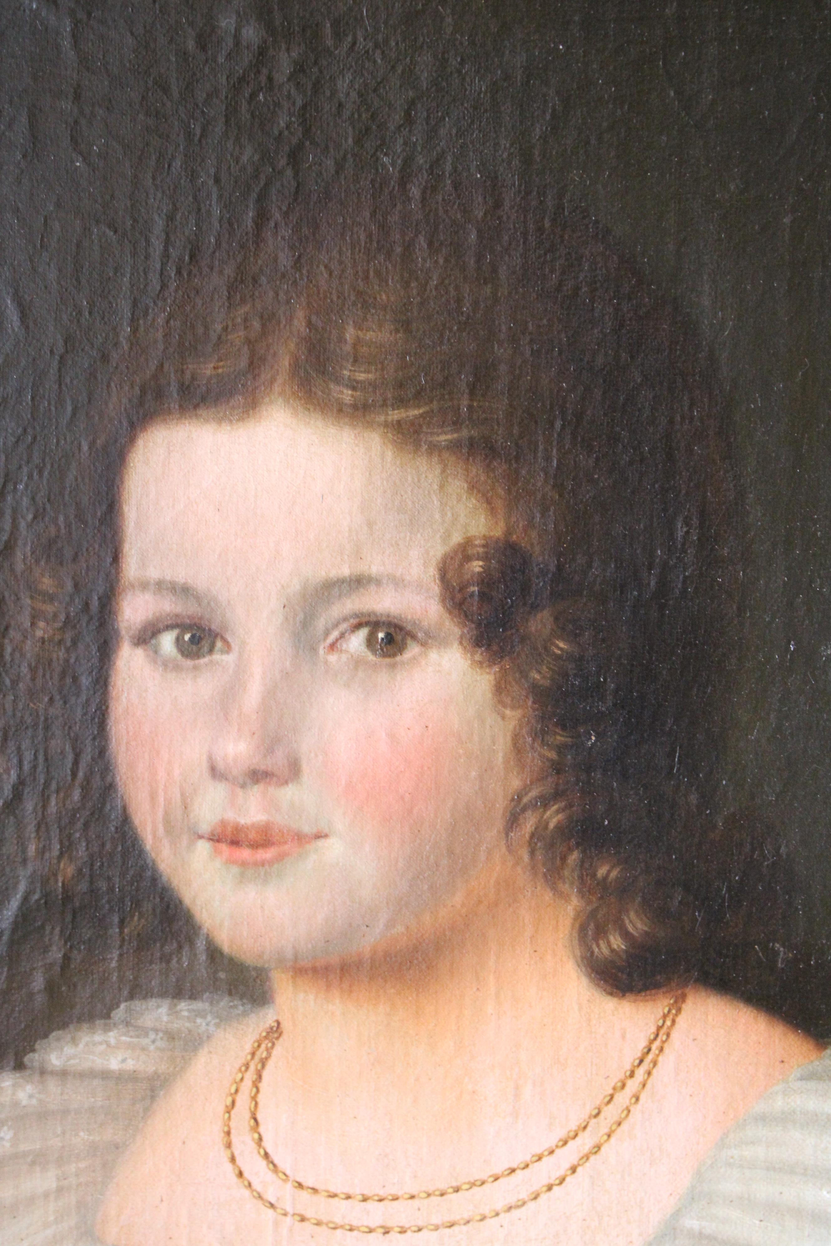 Portrait ancien d'une femme, peinture à l'huile romantique française, portrait féminin - Marron Portrait Painting par Unknown