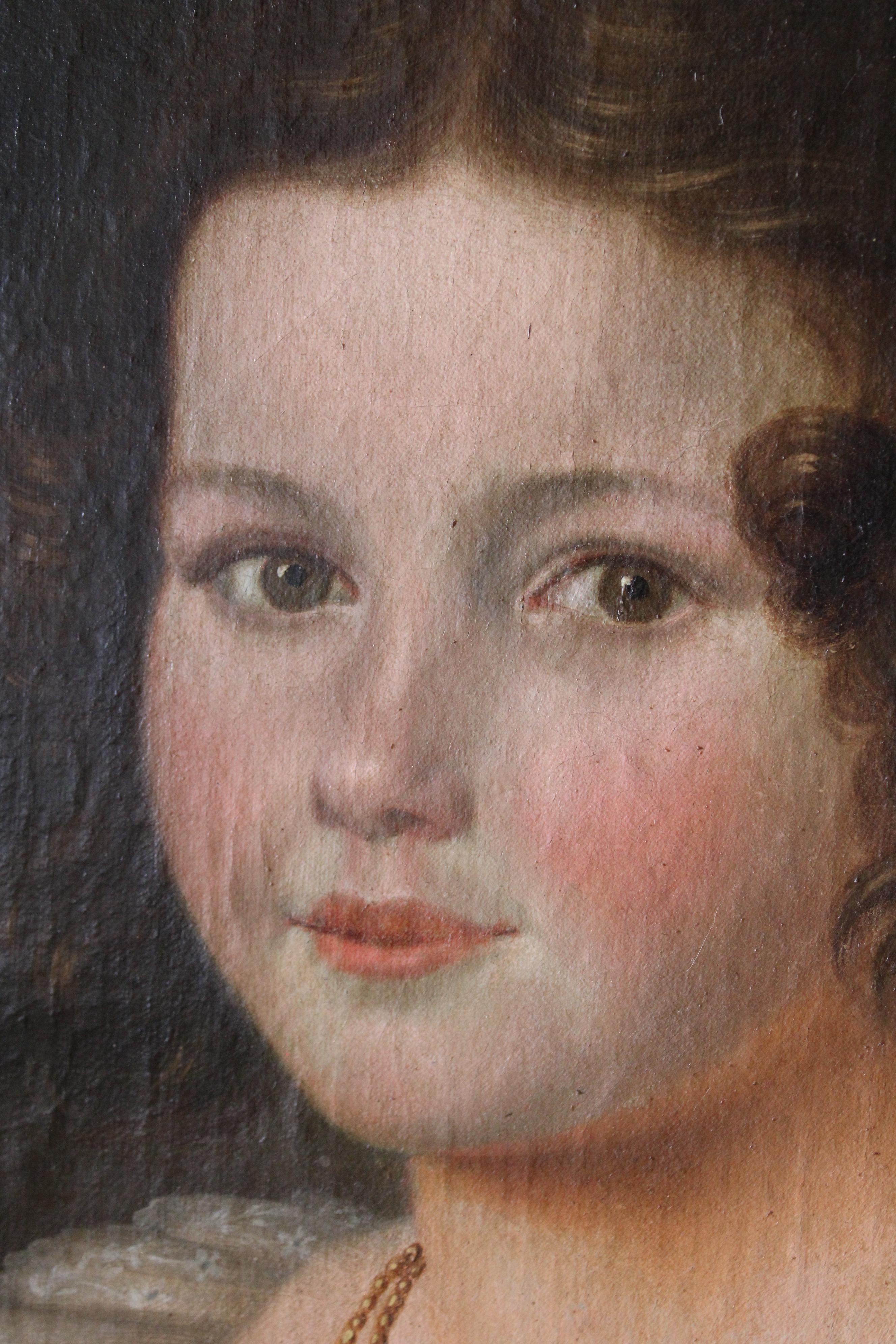 Antique portrait of a young woman. Romantic 1800's oil painting on canvas board.  This is an attractive, traditional 19th Century French oil painting in its original frame.

MORE ABOUT THIS PAINTING:

Medium: Oil on canvas board

Overall size: 18ins