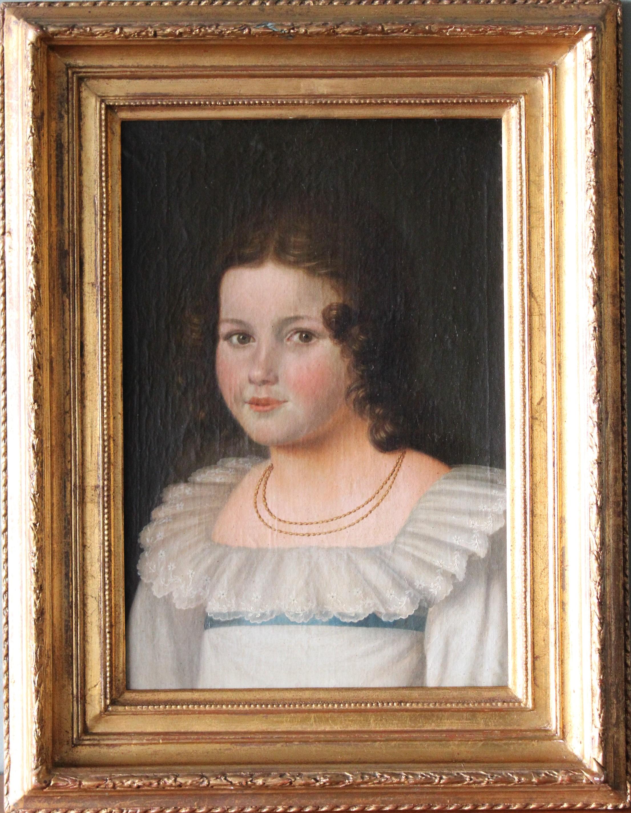 Unknown Portrait Painting - Antique portrait of a woman, French romantic oil painting, female portrait