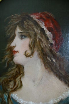 Antique Portrait Oil Painting, French Portrait of a woman in a oval frame