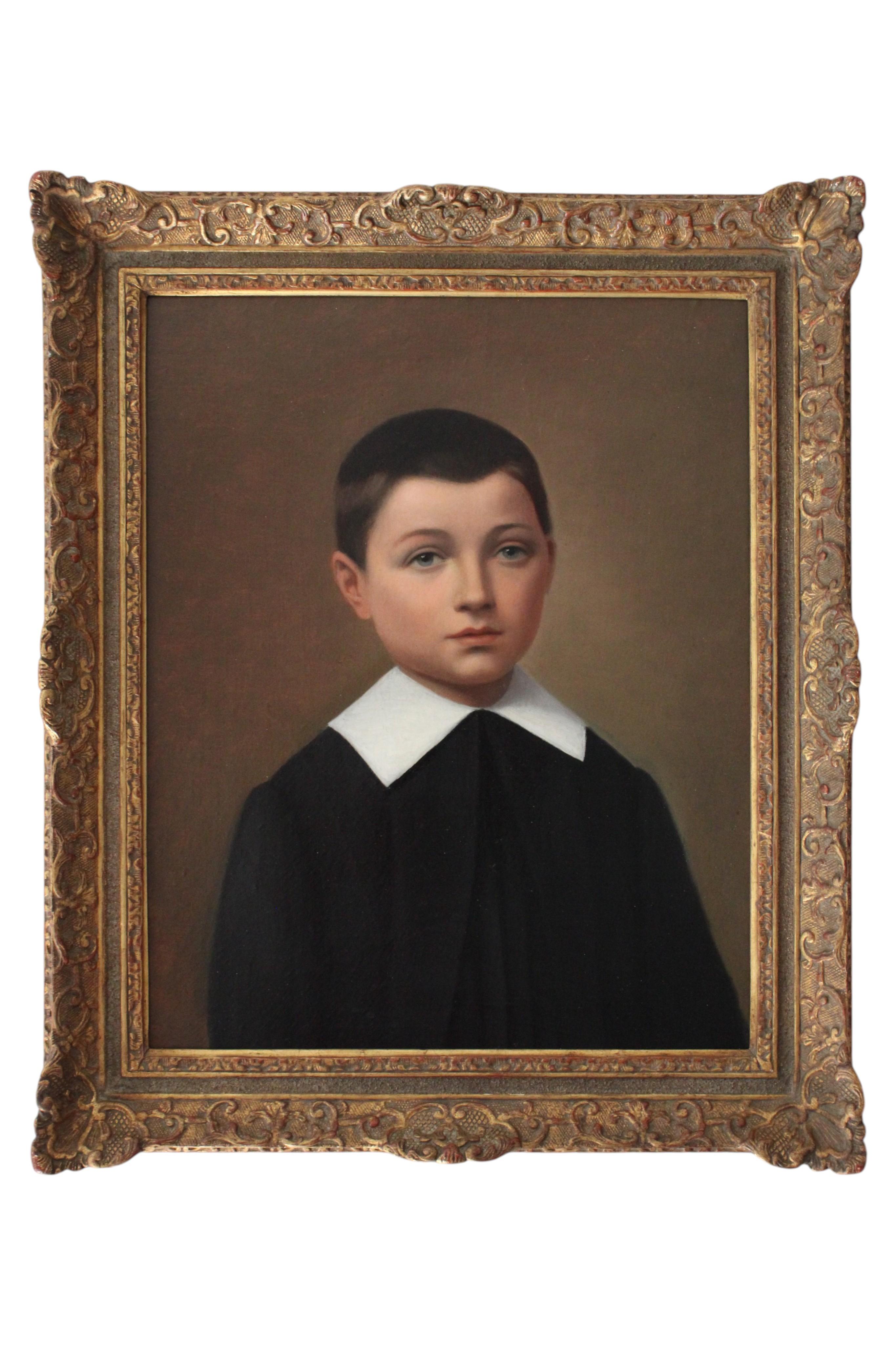 Ritratto di un ragazzo, dipinto a olio antico francese raffigurante un chierichetto