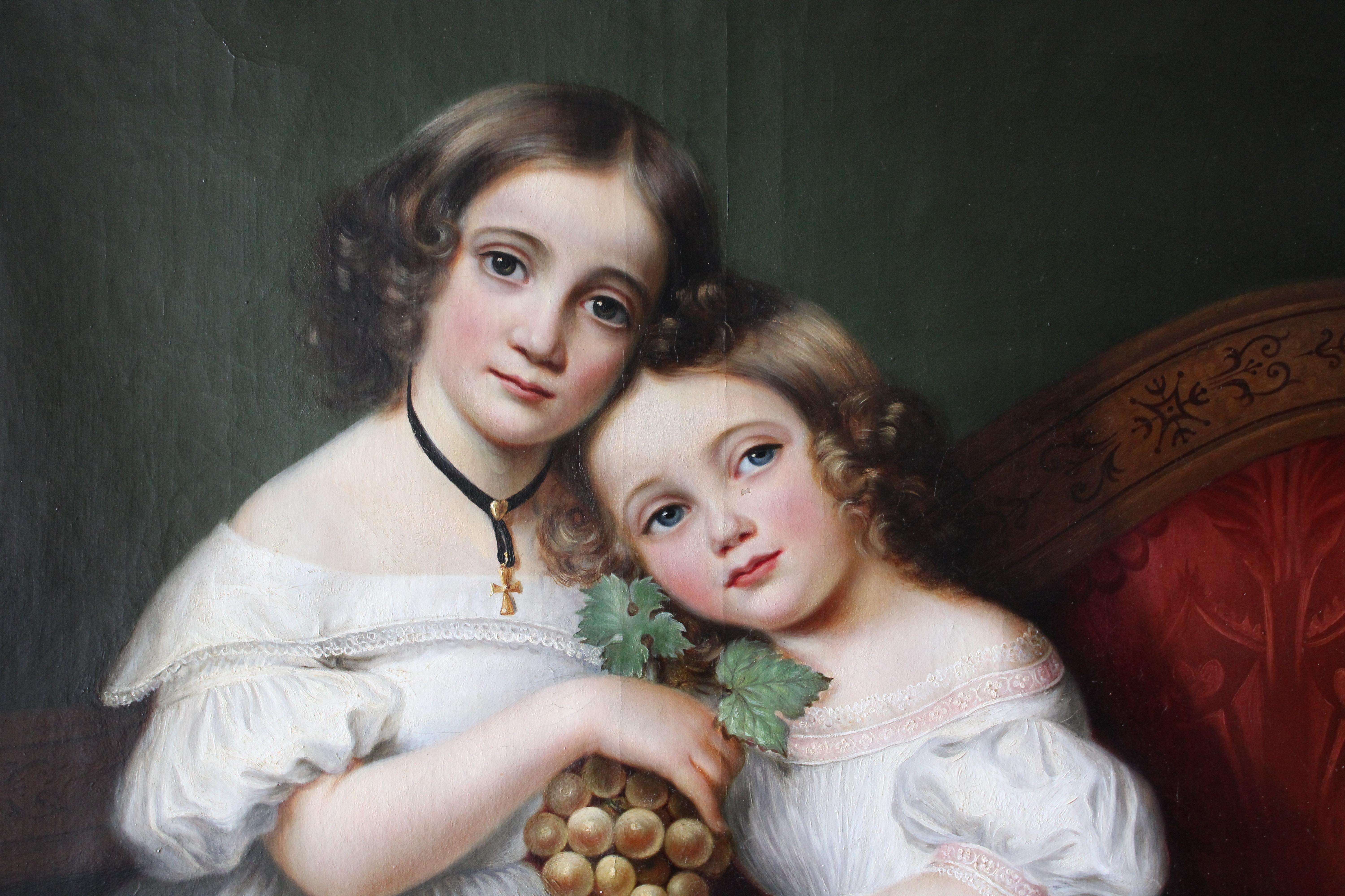 Antique Portrait Ölgemälde von zwei Schwestern Französisch Kind Porträtmalerei – Painting von Unknown
