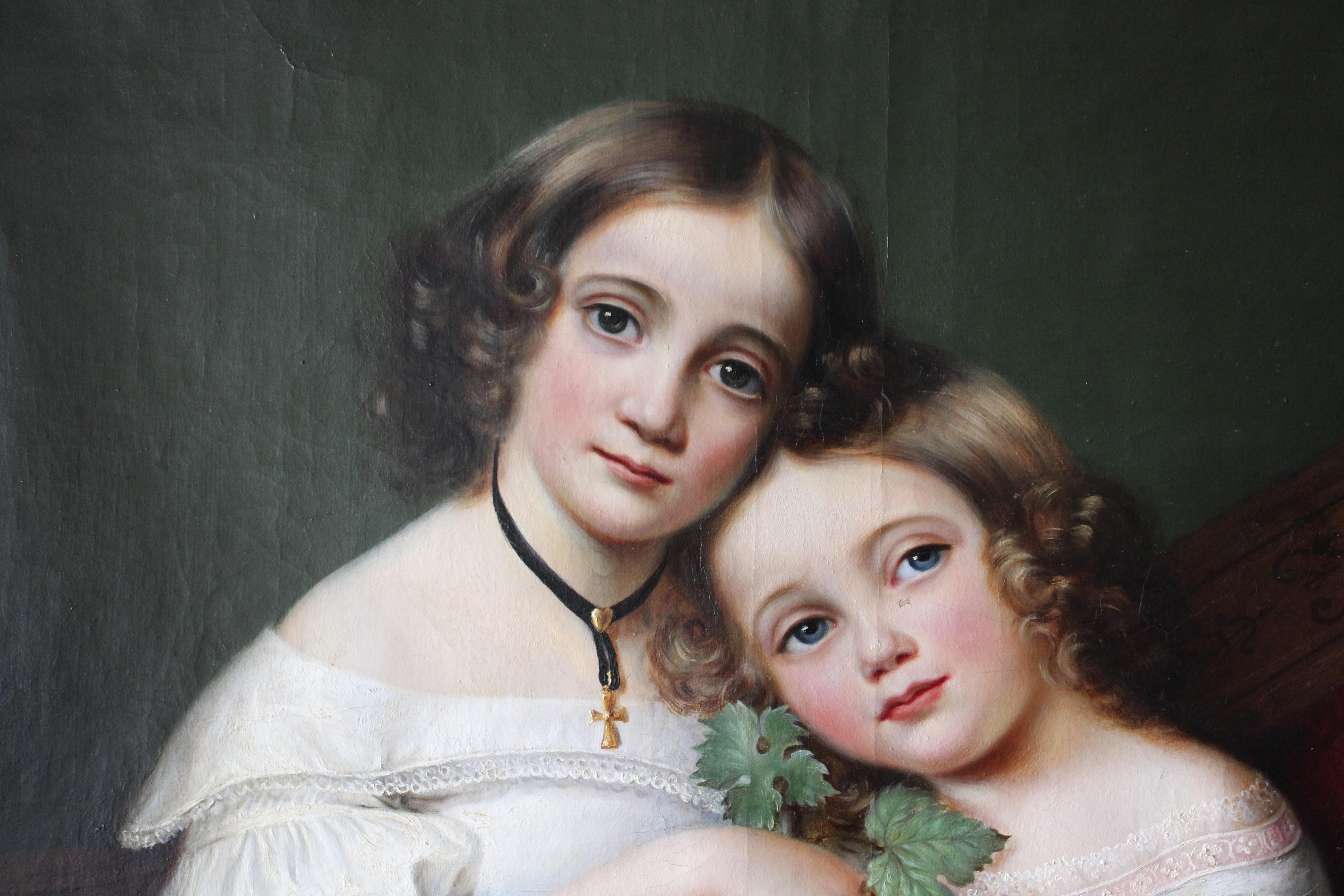 Antique Portrait Ölgemälde von zwei Schwestern Französisch Kind Porträtmalerei (Französische Schule), Painting, von Unknown