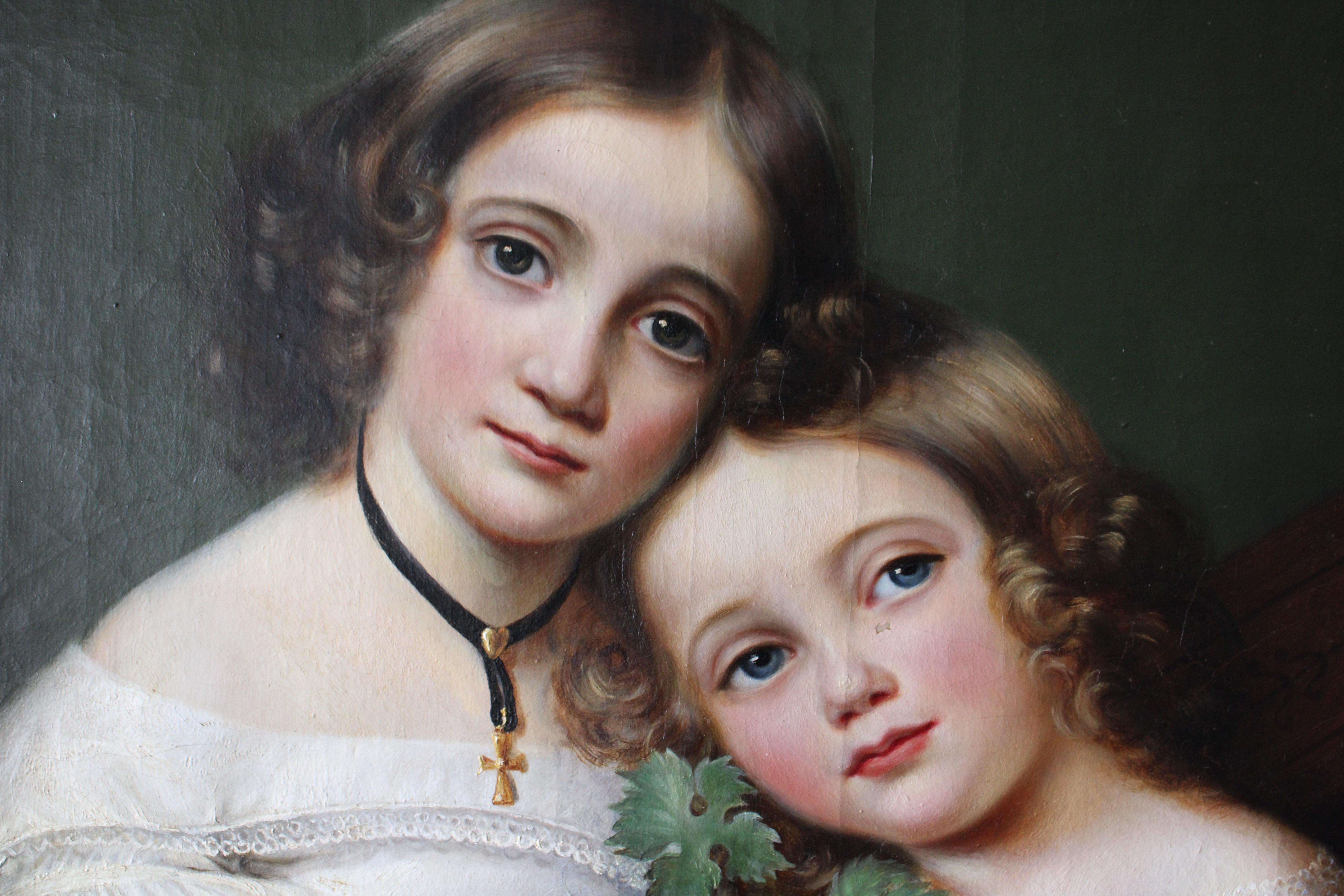Antique Portrait Ölgemälde von zwei Schwestern Französisch Kind Porträtmalerei (Schwarz), Portrait Painting, von Unknown