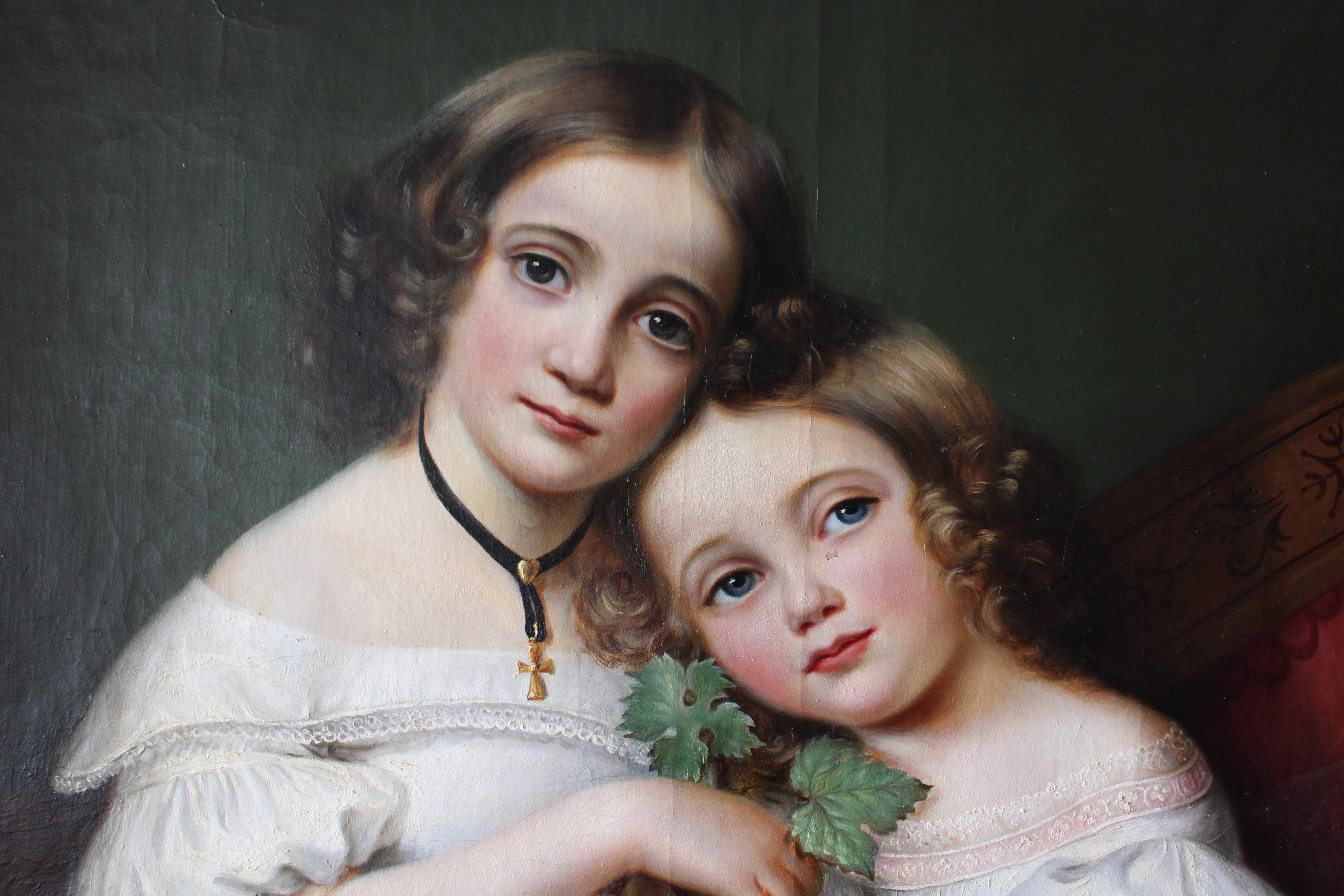 Antique Portrait Ölgemälde von zwei Schwestern Französisch Kind Porträtmalerei im Angebot 1