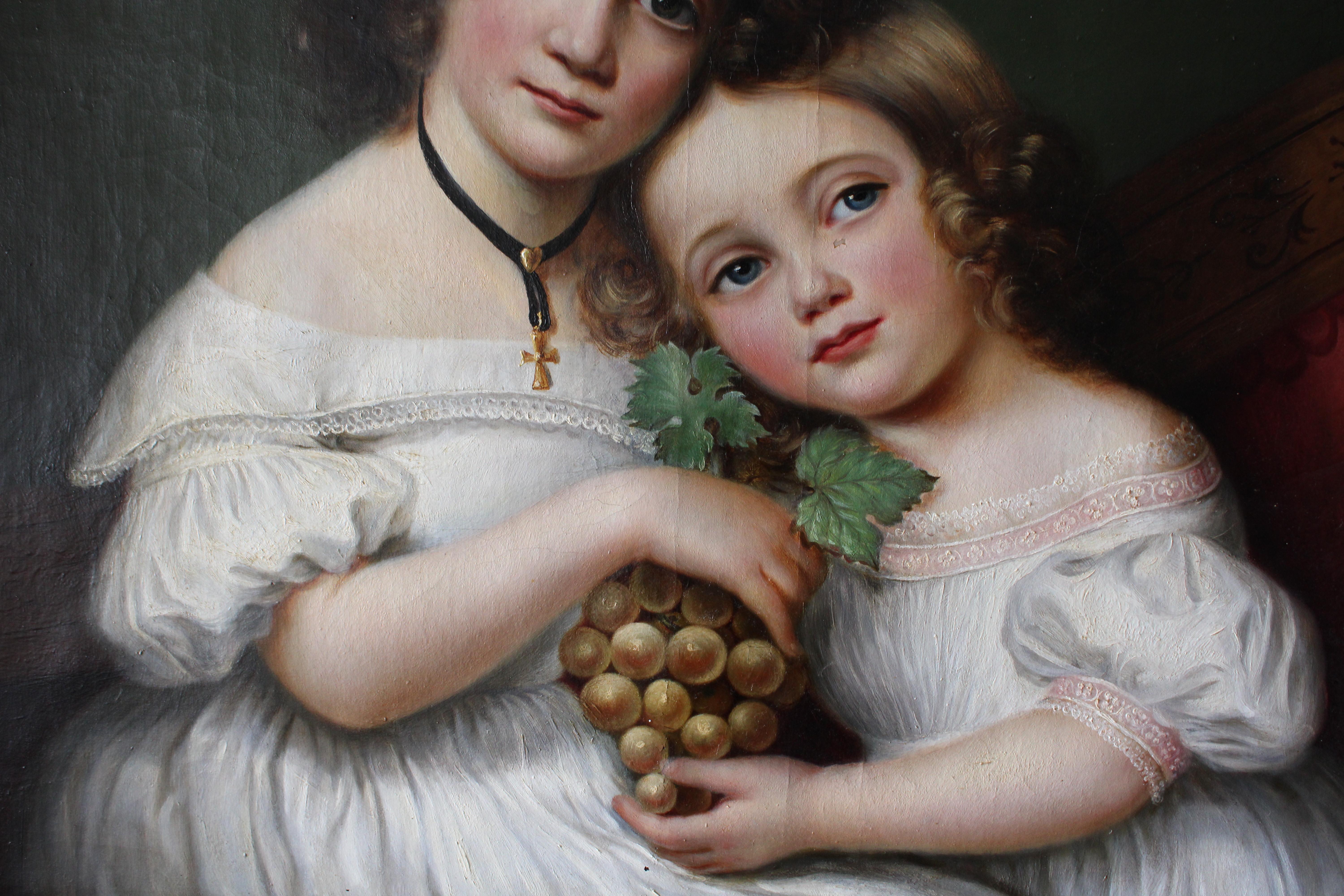 Antique Portrait Ölgemälde von zwei Schwestern Französisch Kind Porträtmalerei im Angebot 2